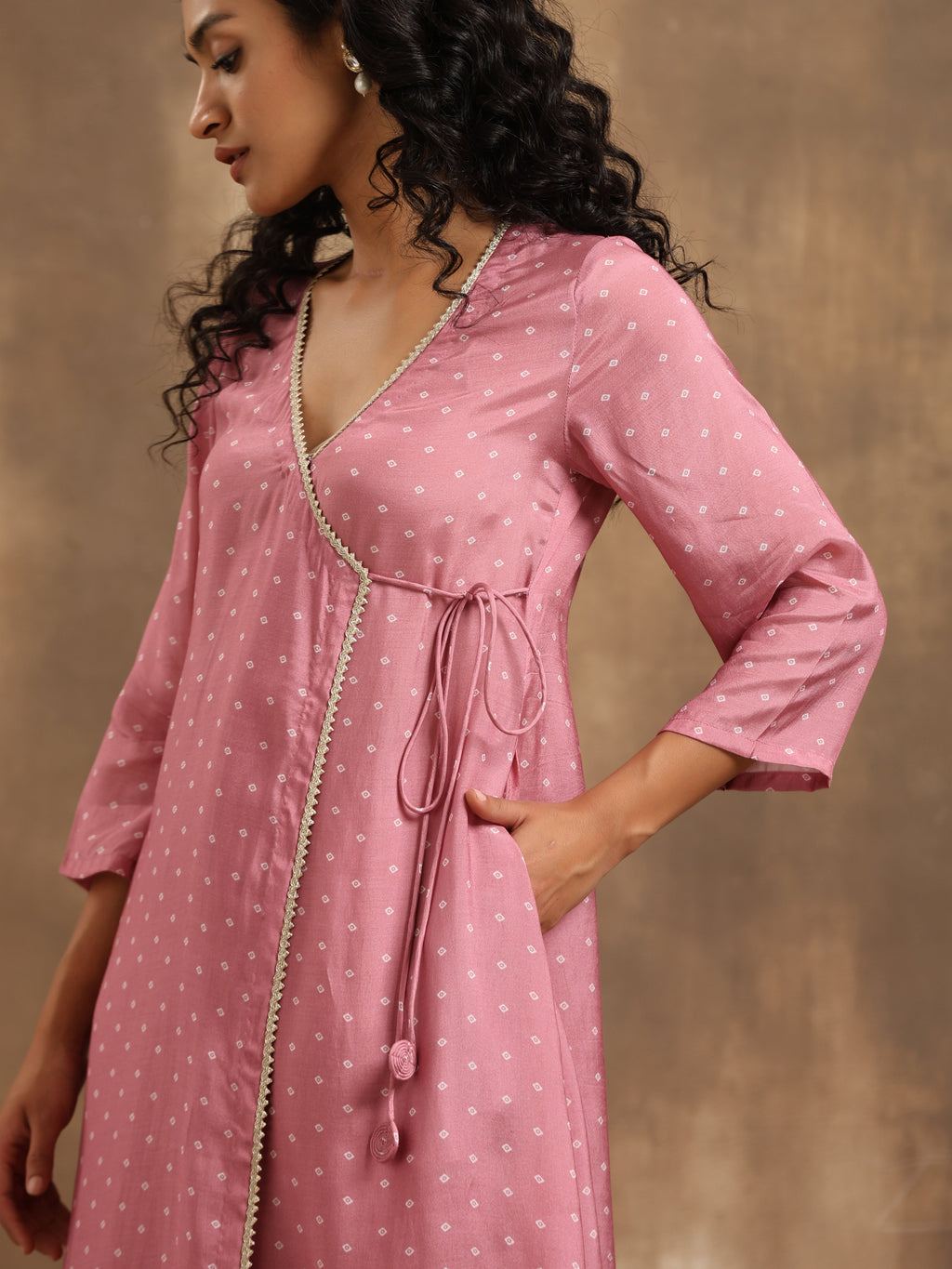 trueBrowns Light Mauve Bandhani Printed Silk Angrakha Kurta Pant Set