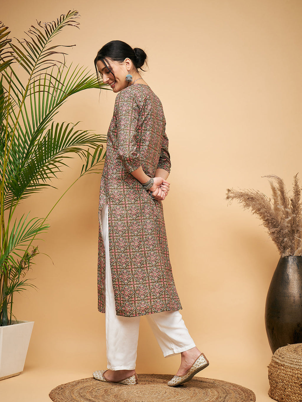 InWeave Women's Green Red Ajrakh Print Cotton Patch Work Straight Kurta