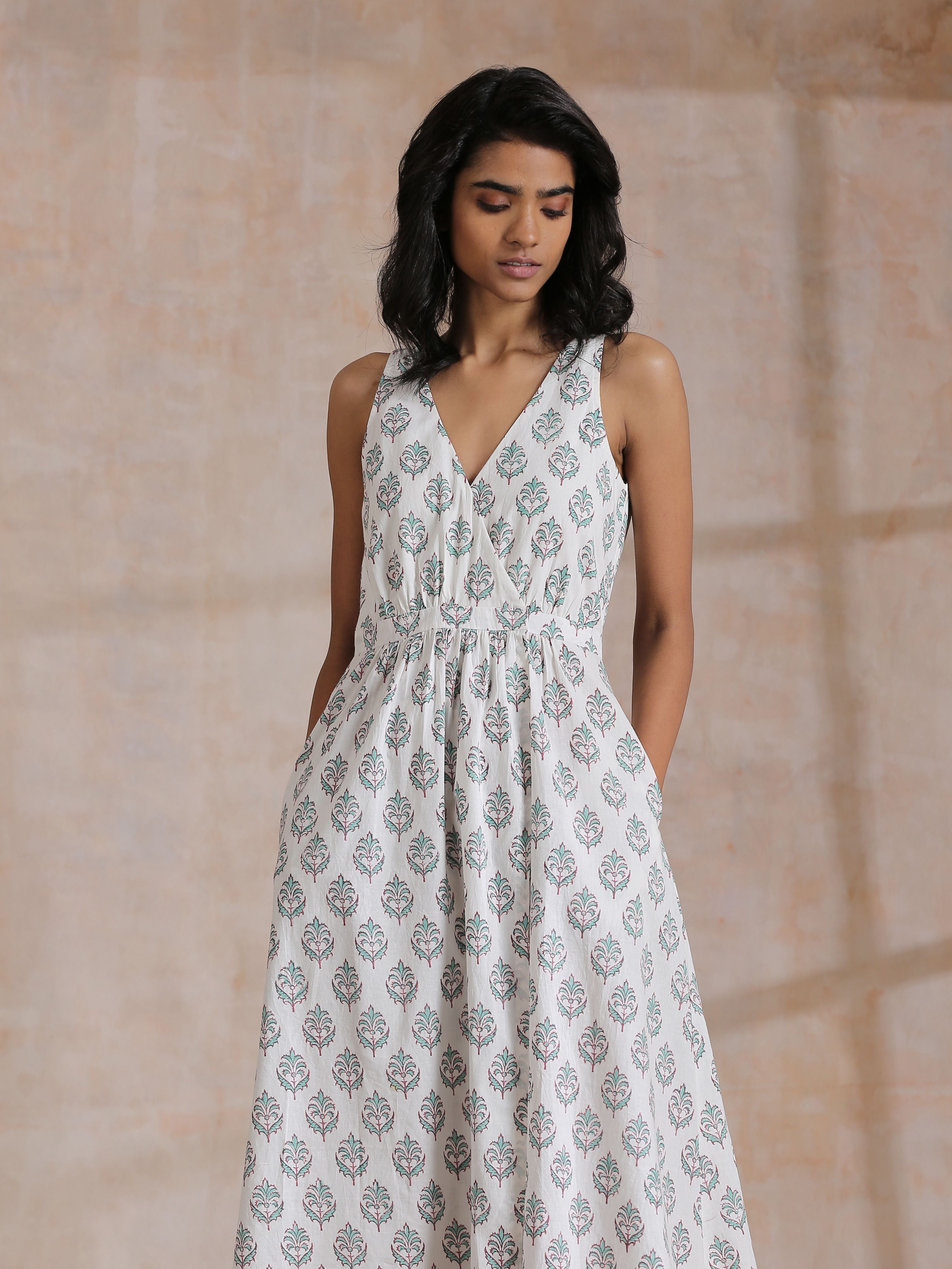 trueBrowns Green Buta On White Block Print Cotton Sleeveless Wrap Dress