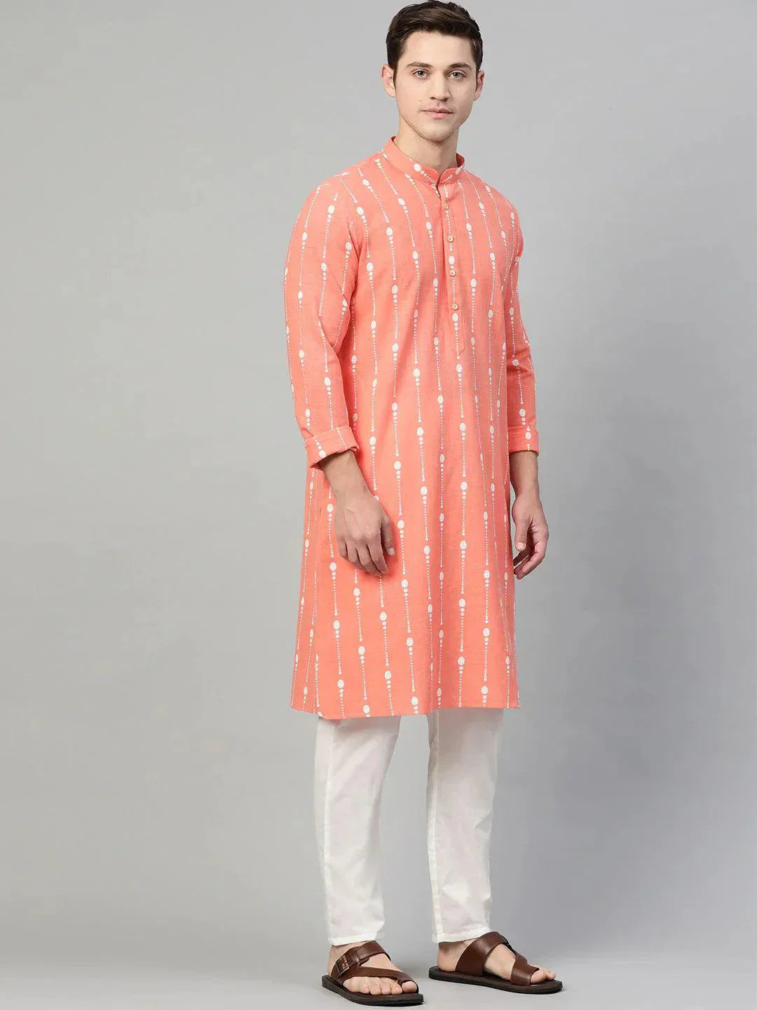 Fabmade Peach & White Printed Straight Kurta With Pyjama For Men