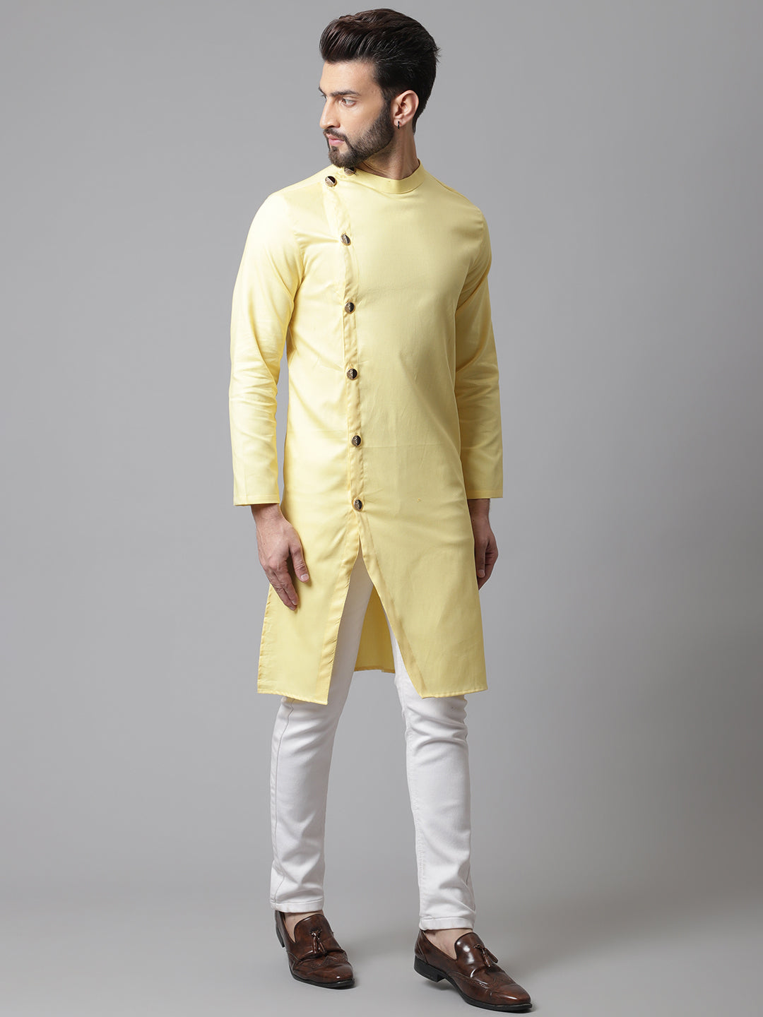 Even Apparels Yellow Sherwani Kurta With Asymetrical Cut