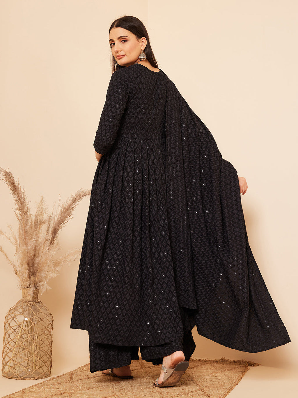InWeave Women's Black Chikankari Long Anarkali Kurta Sharara Set W Dupatta