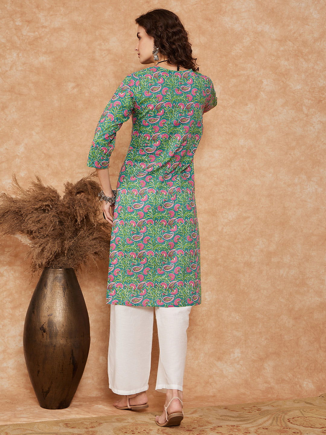 InWeave Women's Sea Green Pink Lace Gota Work Straight Kurta