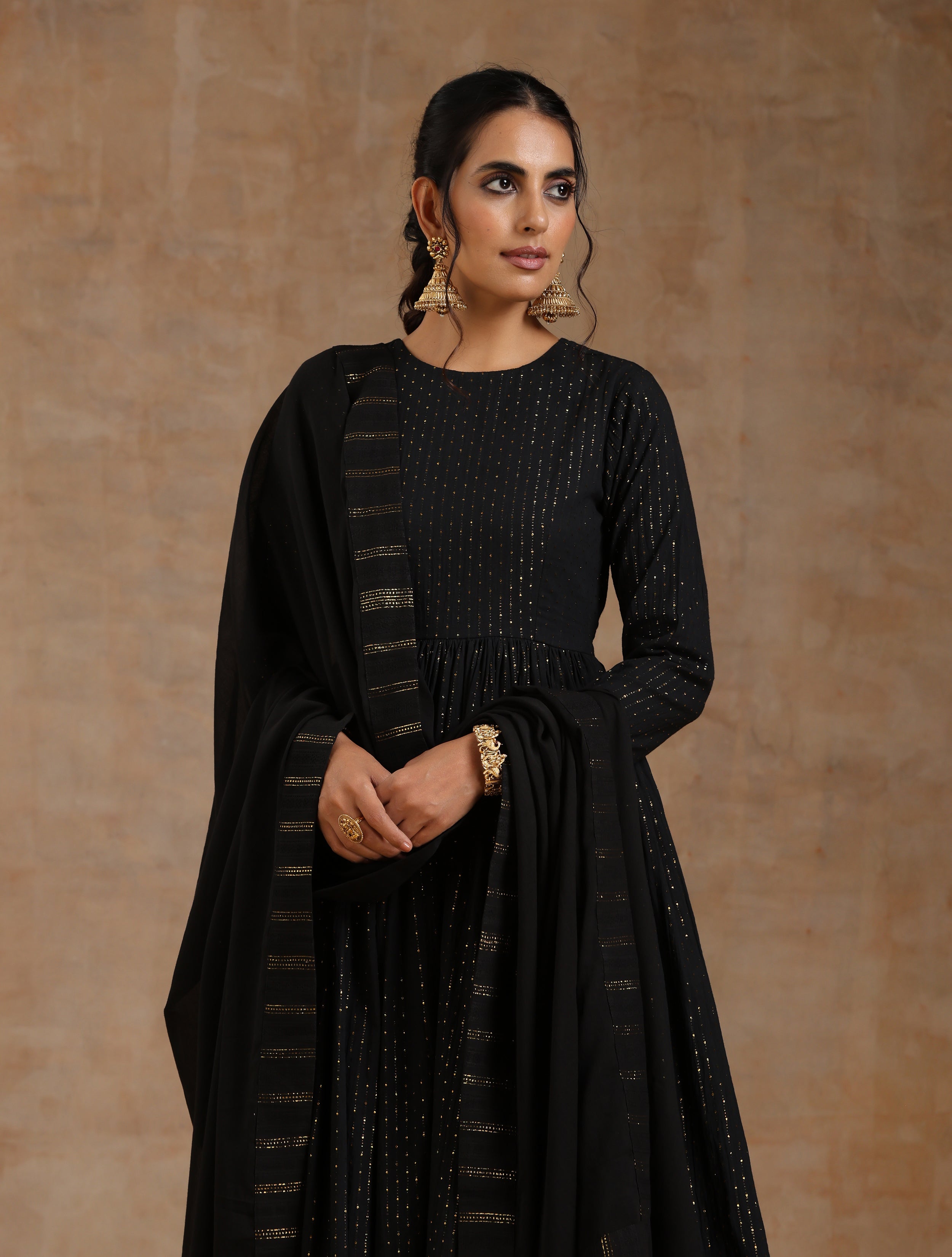 trueBrowns Black Gold Cotton Anarkali Set