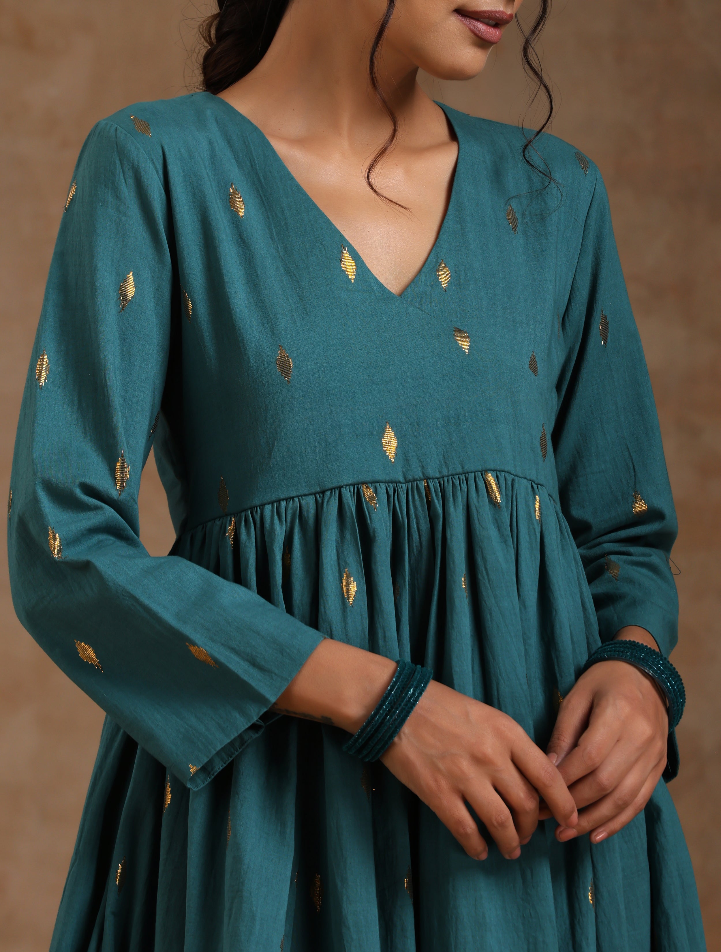 trueBrowns Deep Sea Gold Cotton Kalidar Kurta Set