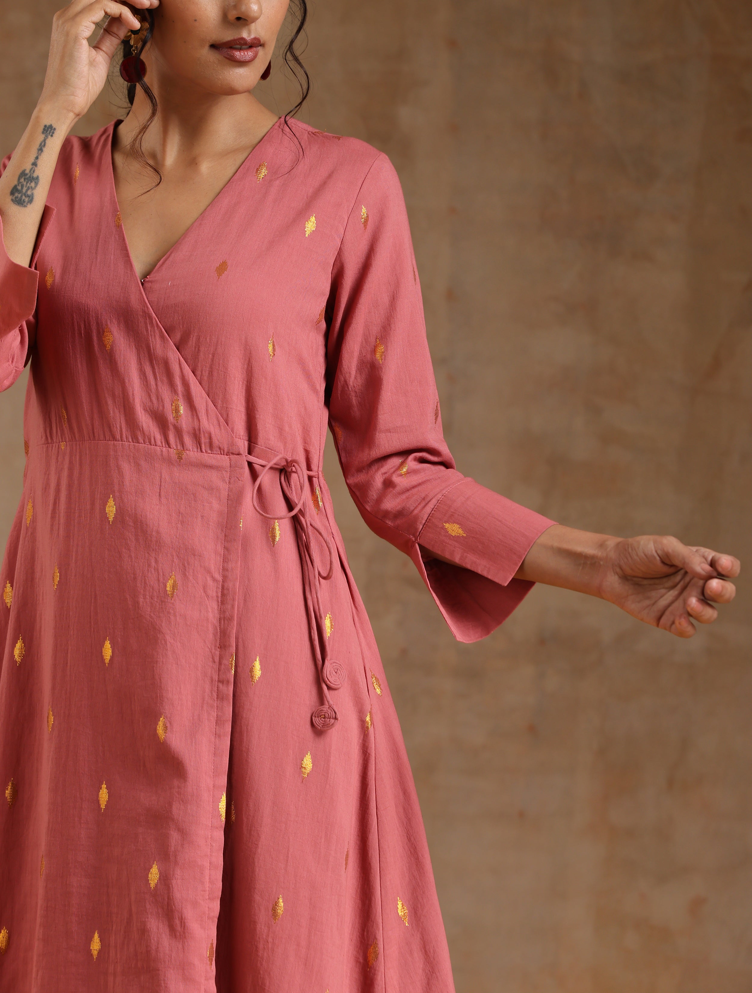 trueBrowns Blush Gold Cotton Angrakha Kurta Set