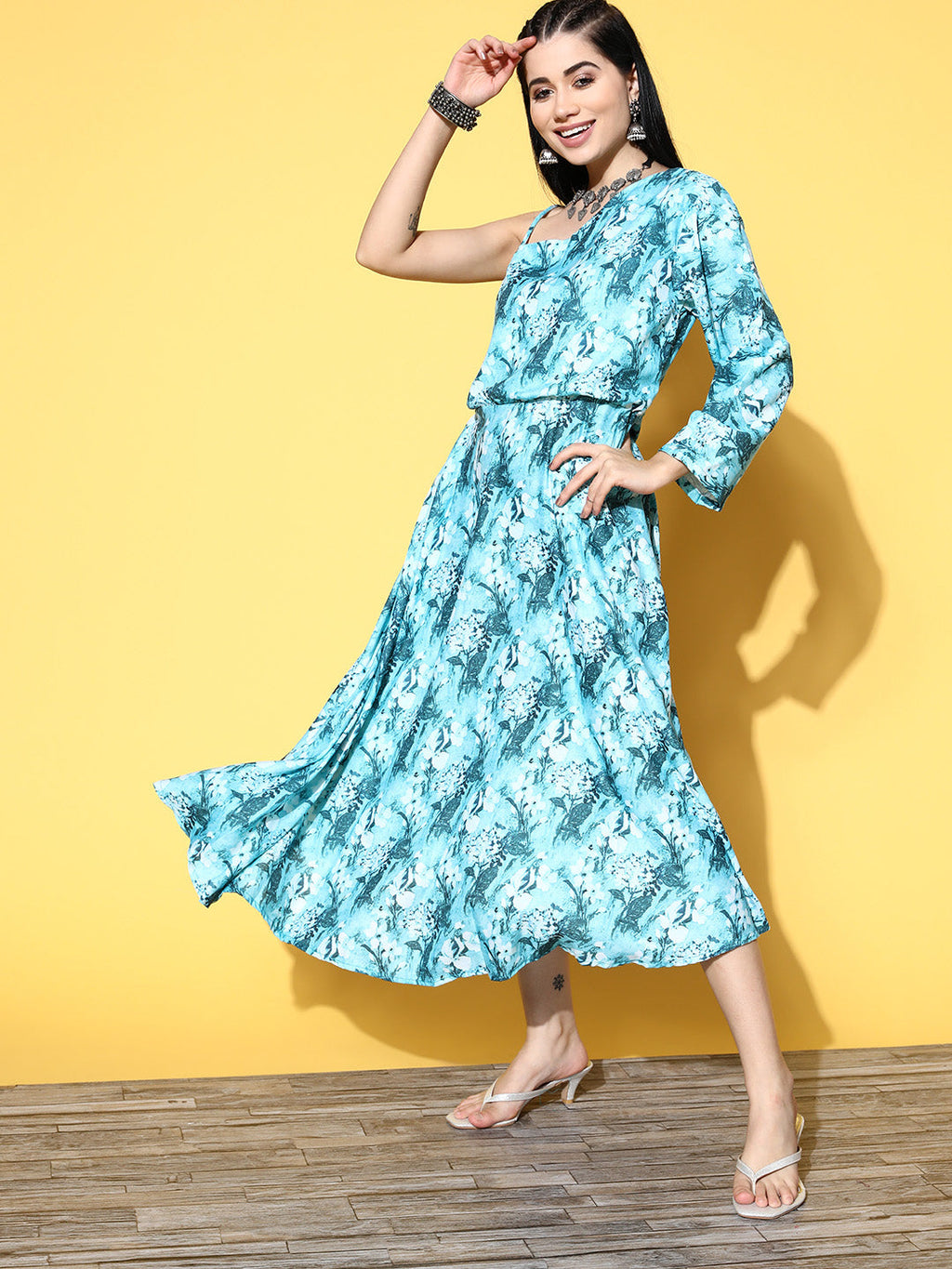 InWeave Women's Sea Blue One Shoulder Rayon Dress
