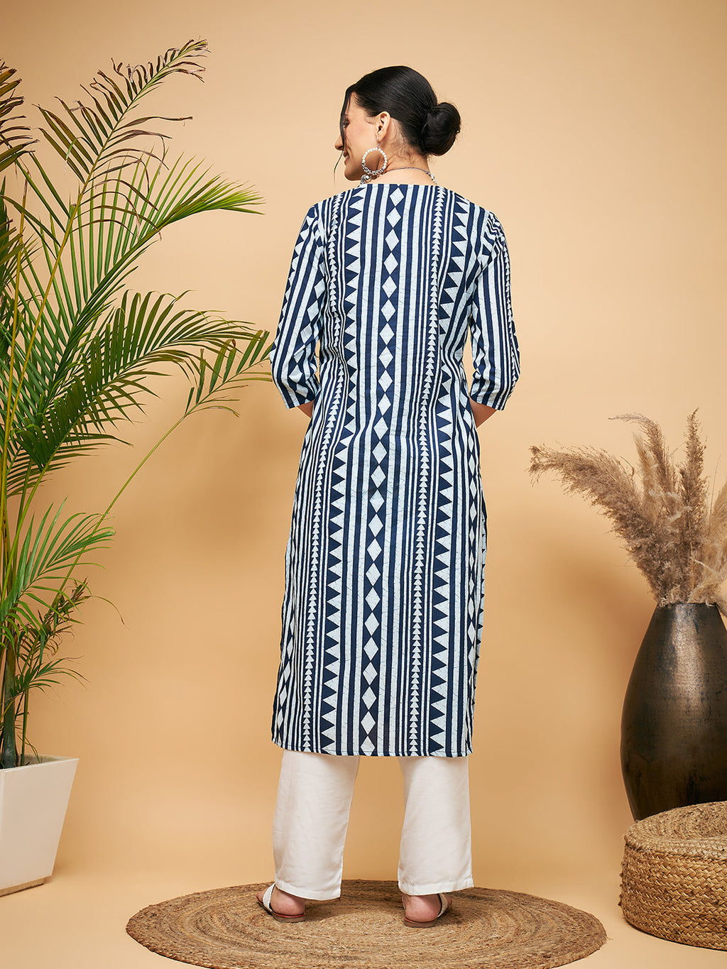 InWeave Women's White Navy Stripe Print Gota Straight Kurta