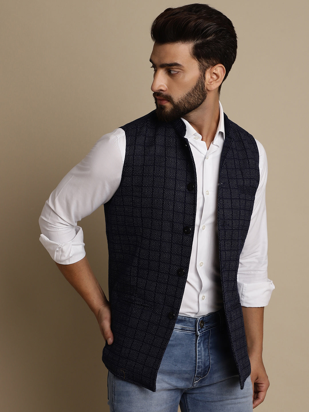 Even Apparels Men's Blue Mandarin Collar Waistcoat