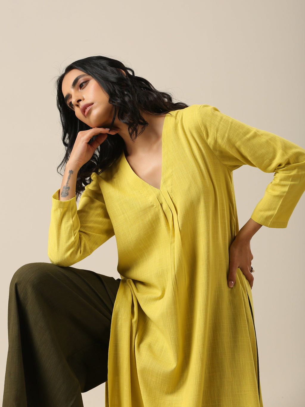trueBrowns Lime Slub Texture Slit Kurta Palazzo Set