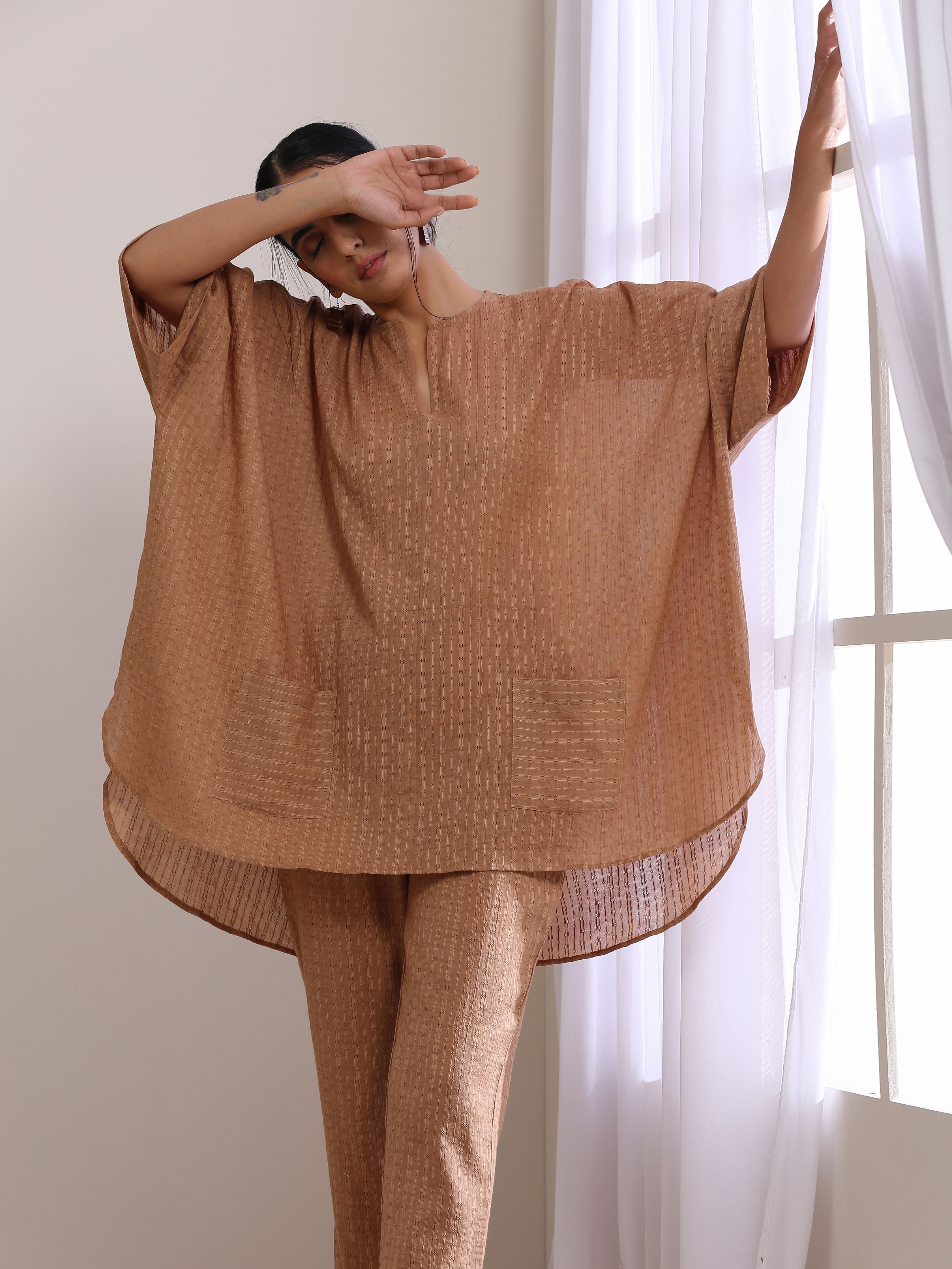 trueBrowns Beige Dobby Boxy Fit High-Low Co-Ord Set