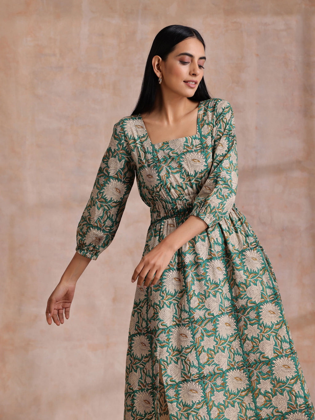 trueBrowns Fern Green Overall Floral Block Print Cotton Square Neck Dress