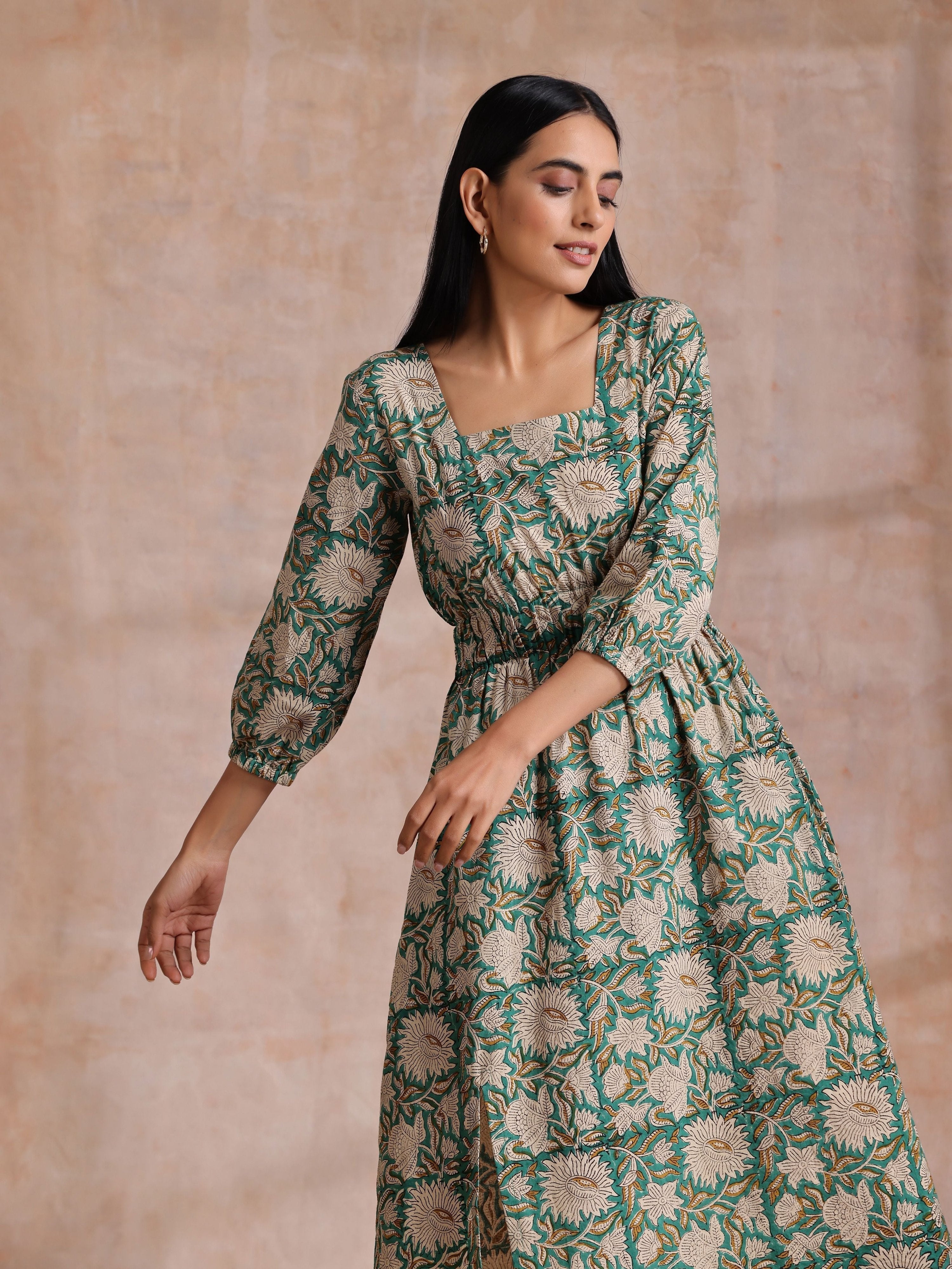 trueBrowns Fern Green Overall Floral Block Print Cotton Square Neck Dress