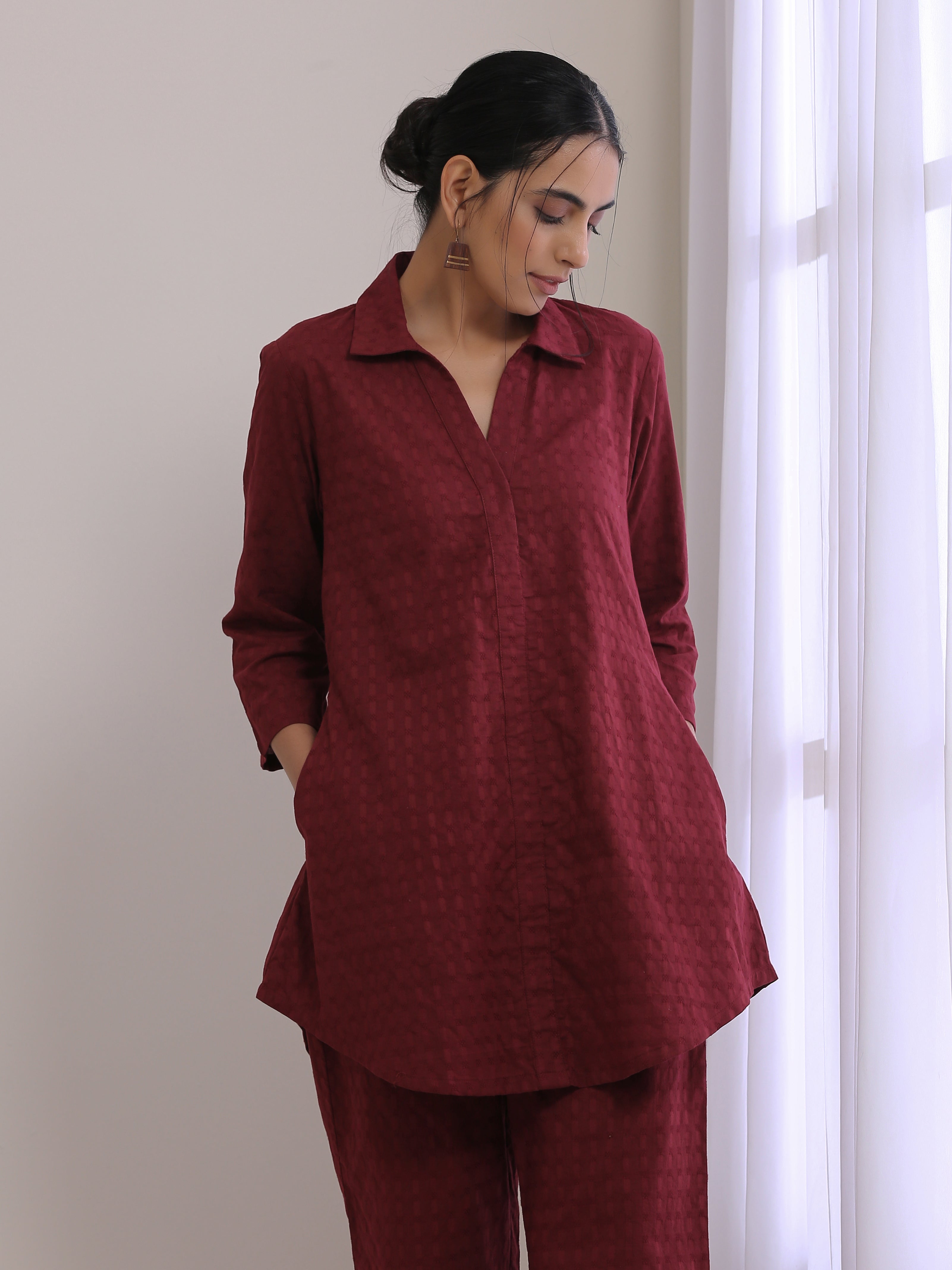 trueBrowns Ruby Wine Dobby Collar Short Co-Ord Set