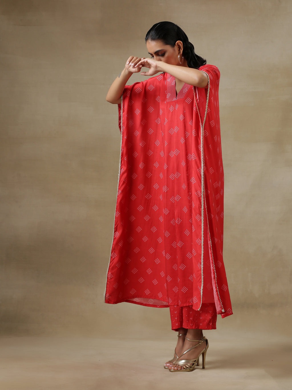 trueBrowns Red Bandhani Printed Silk Panel Kaftan Kurta Pant Set
