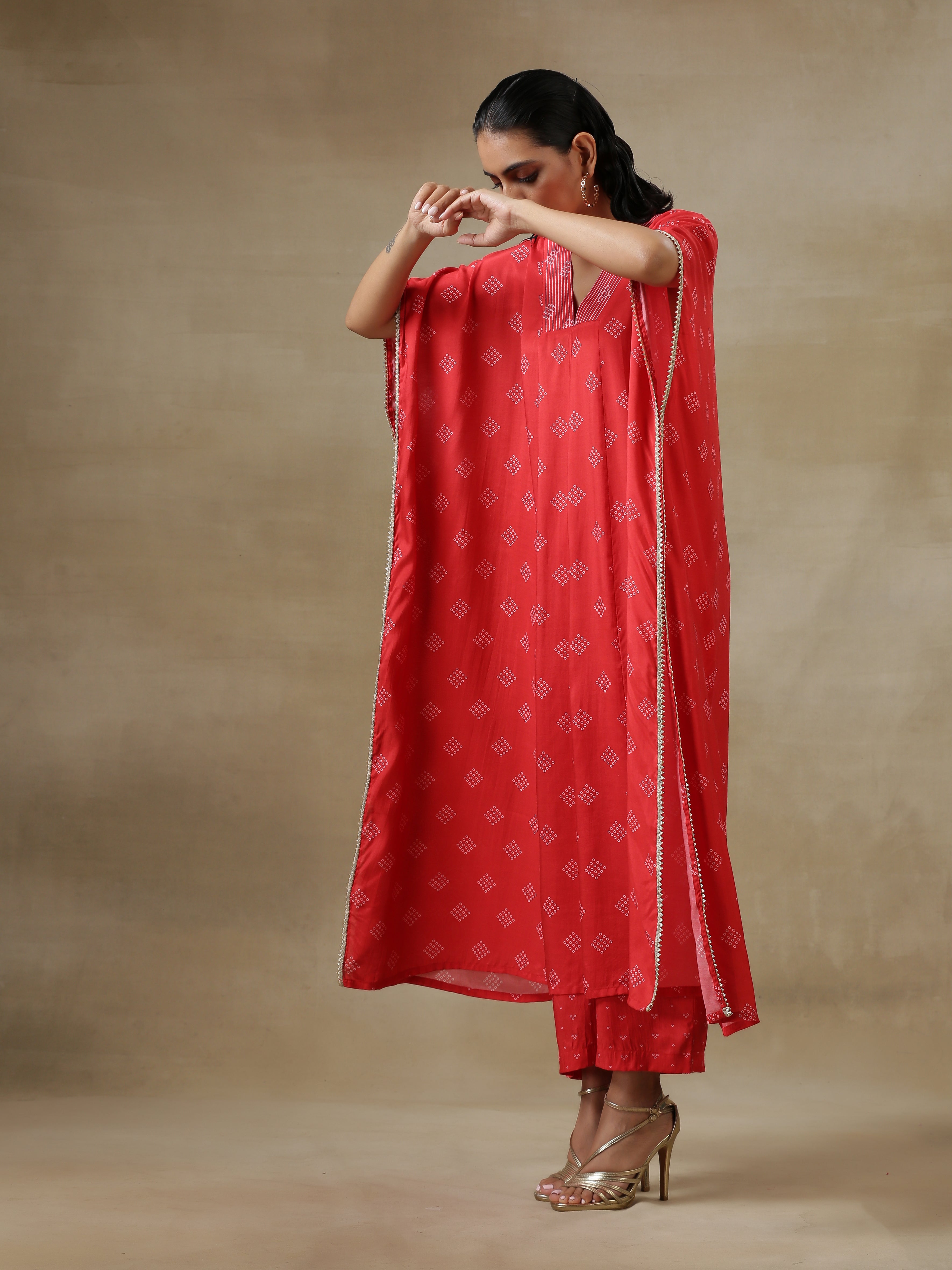 trueBrowns Red Bandhani Printed Silk Panel Kaftan Kurta Pant Set