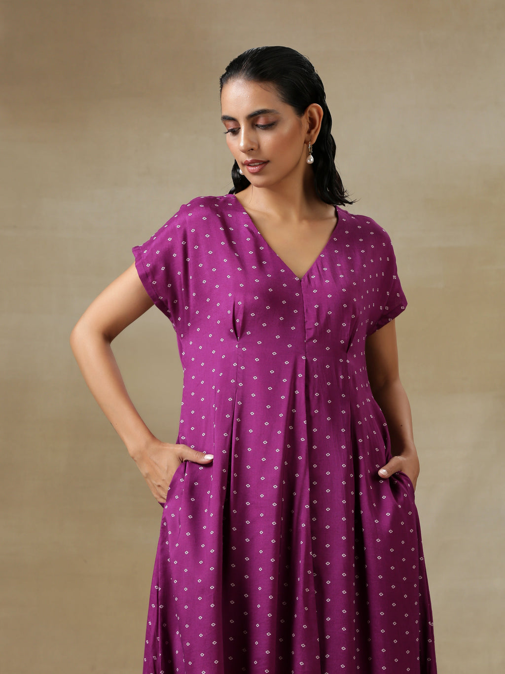 trueBrowns Purple Bandhani Printed Silk Drop Shoulder Kurta Pant Set