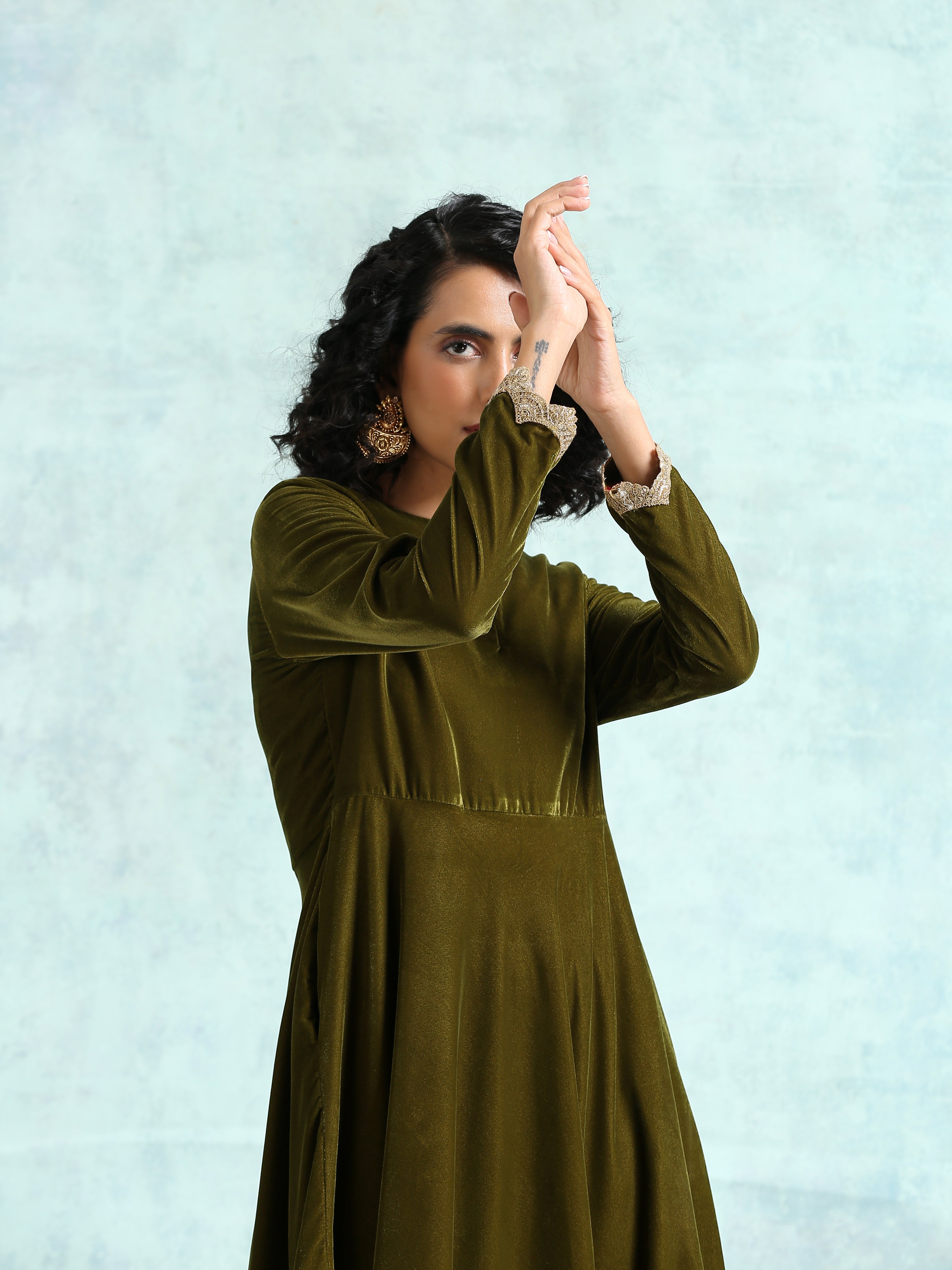 trueBrowns Mehandi Velvet Anarkali Kurta