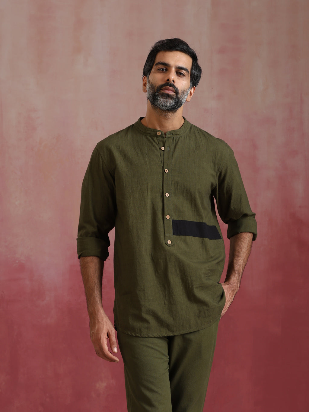 trueBrowns Men's Olive green Cotton Mandarin Collar Kurta Co-ord set