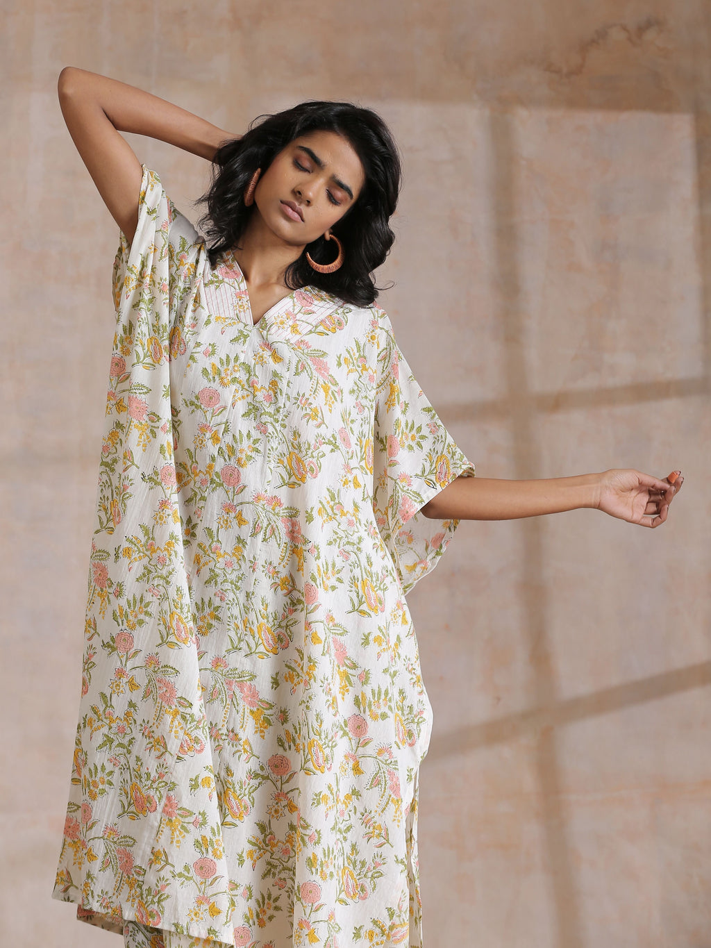 trueBrowns Pink Yellow Floral On White Block Print Cotton Panel Kaftan Kurta Pant Set