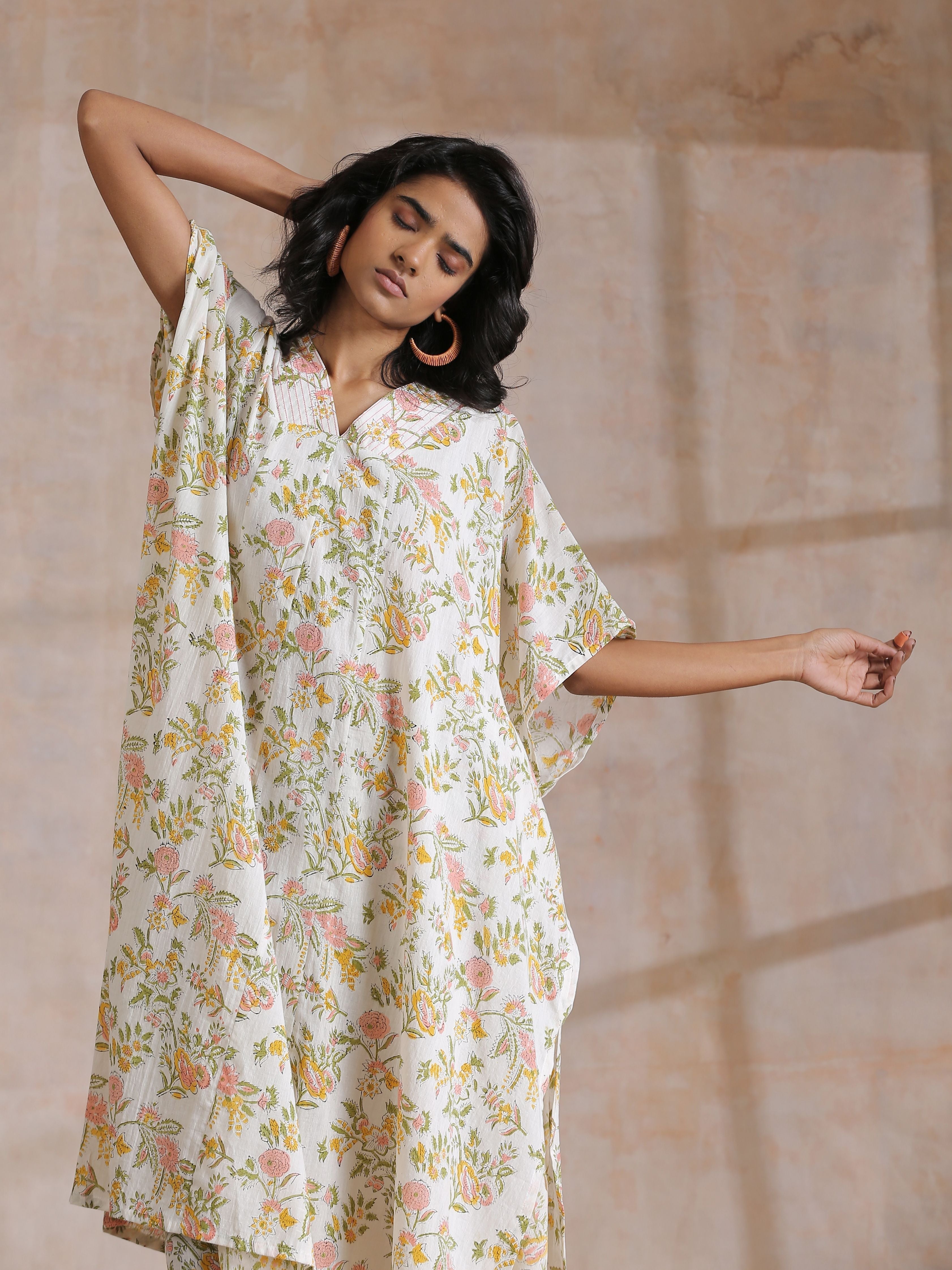 trueBrowns Pink Yellow Floral On White Block Print Cotton Panel Kaftan Kurta Pant Set