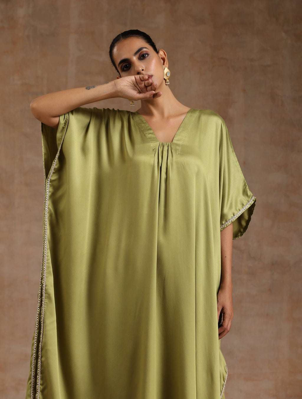 trueBrowns Light Green Modal Satin Kaftan Kurta Set