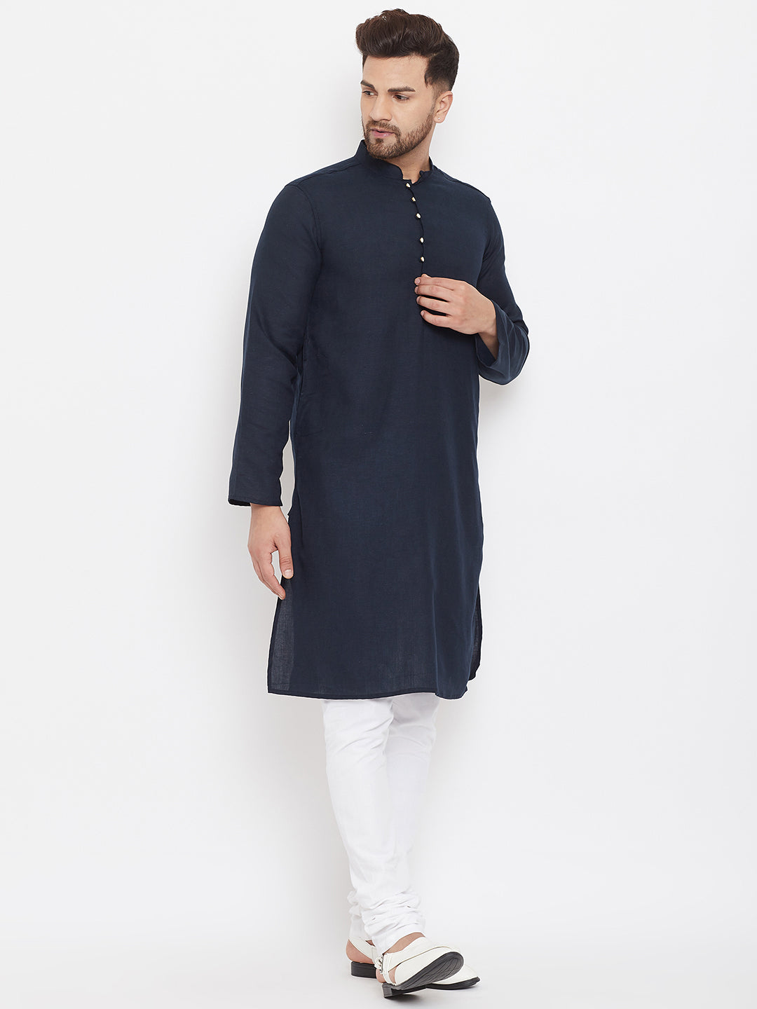 Even Apparels Blue Pure Cotton Kurta With Band Collar