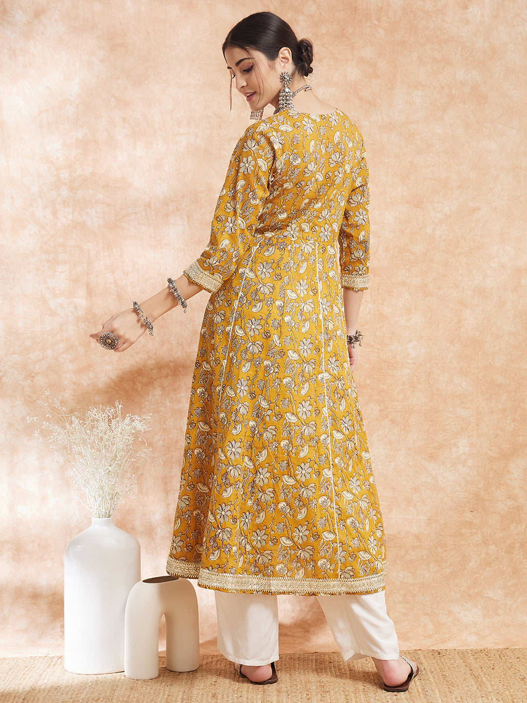 InWeave Women's Mustard Printed Gota Embroidered Anarkali Kurta