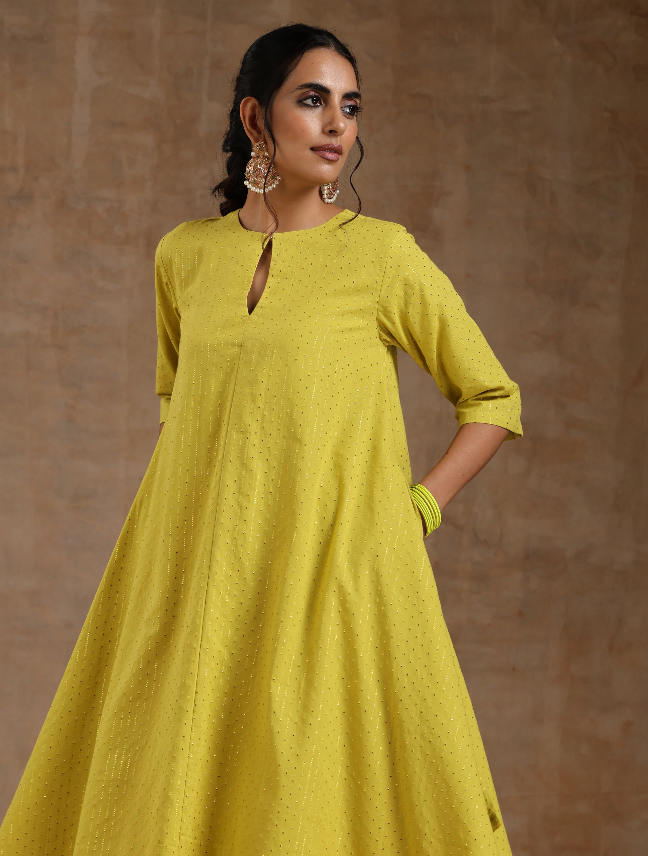 trueBrowns Lime Gold Cotton Handkerchief Kurta Set