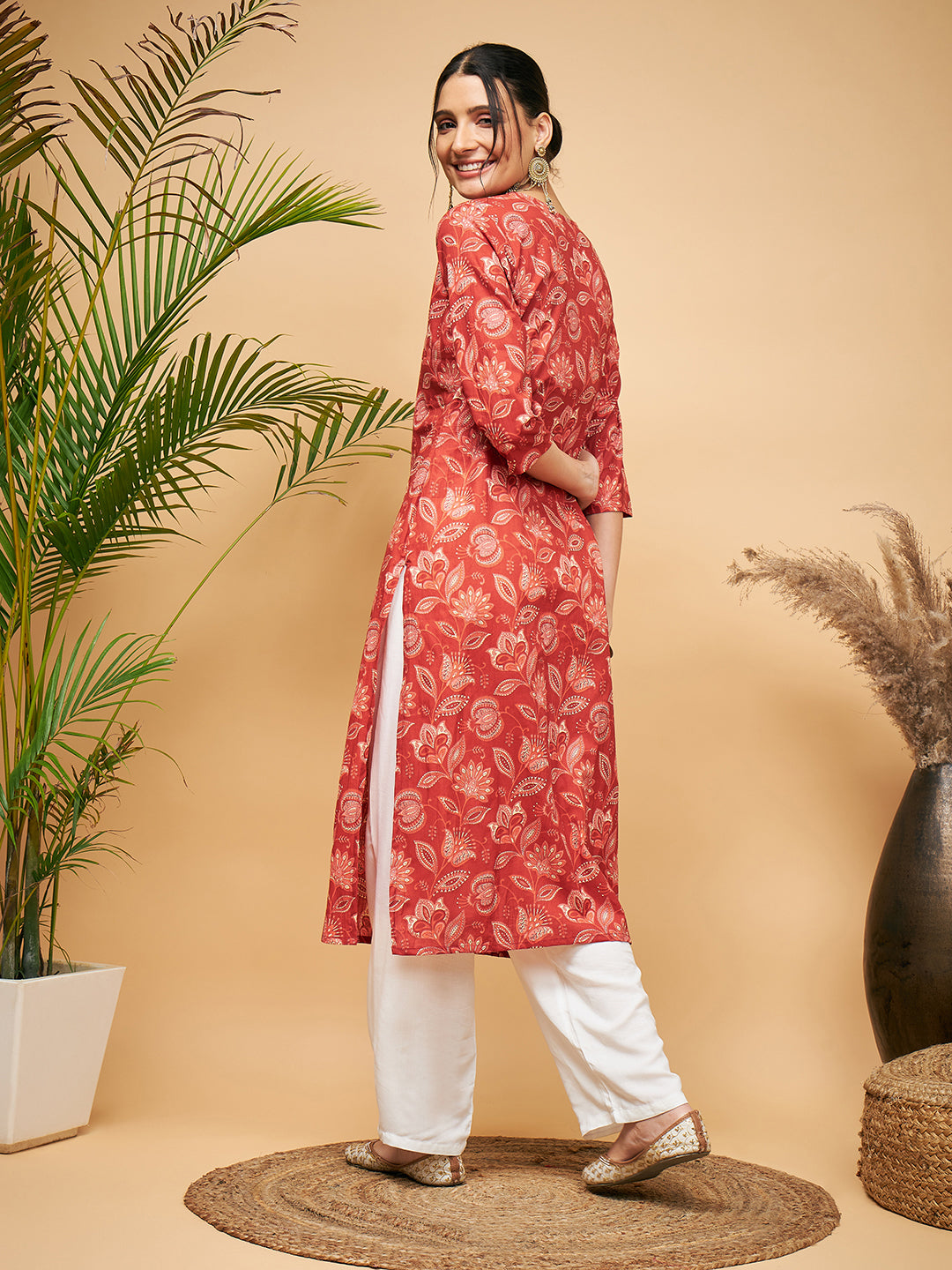 InWeave Women's Rust Paisley Print Gota Straight Kurta