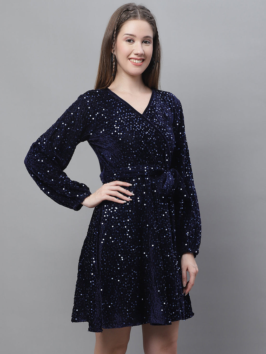 Jainish Women's WoSequin Velvet A-line dress - Navy Blue