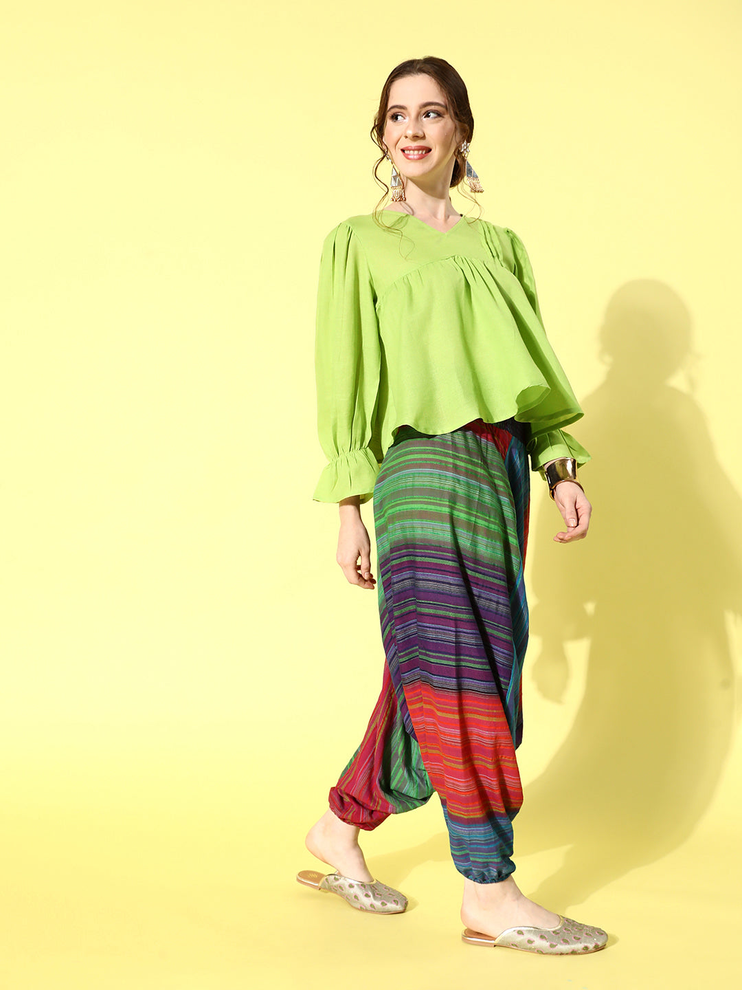 InWeave Women's Green Top With Multi Clr Harem Set