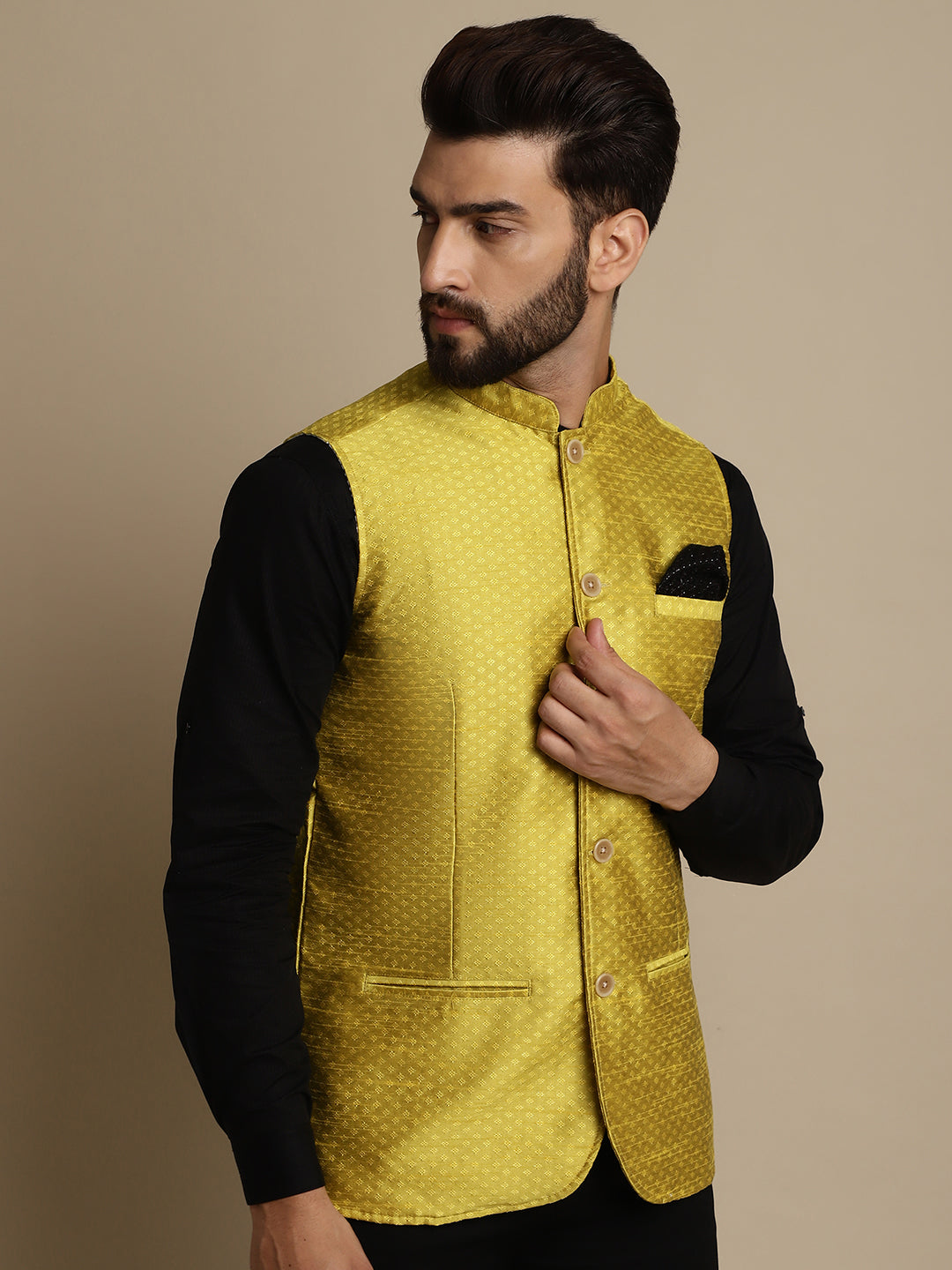 Even Apparels Men's Yellow Mandarin Collar Waistcoat