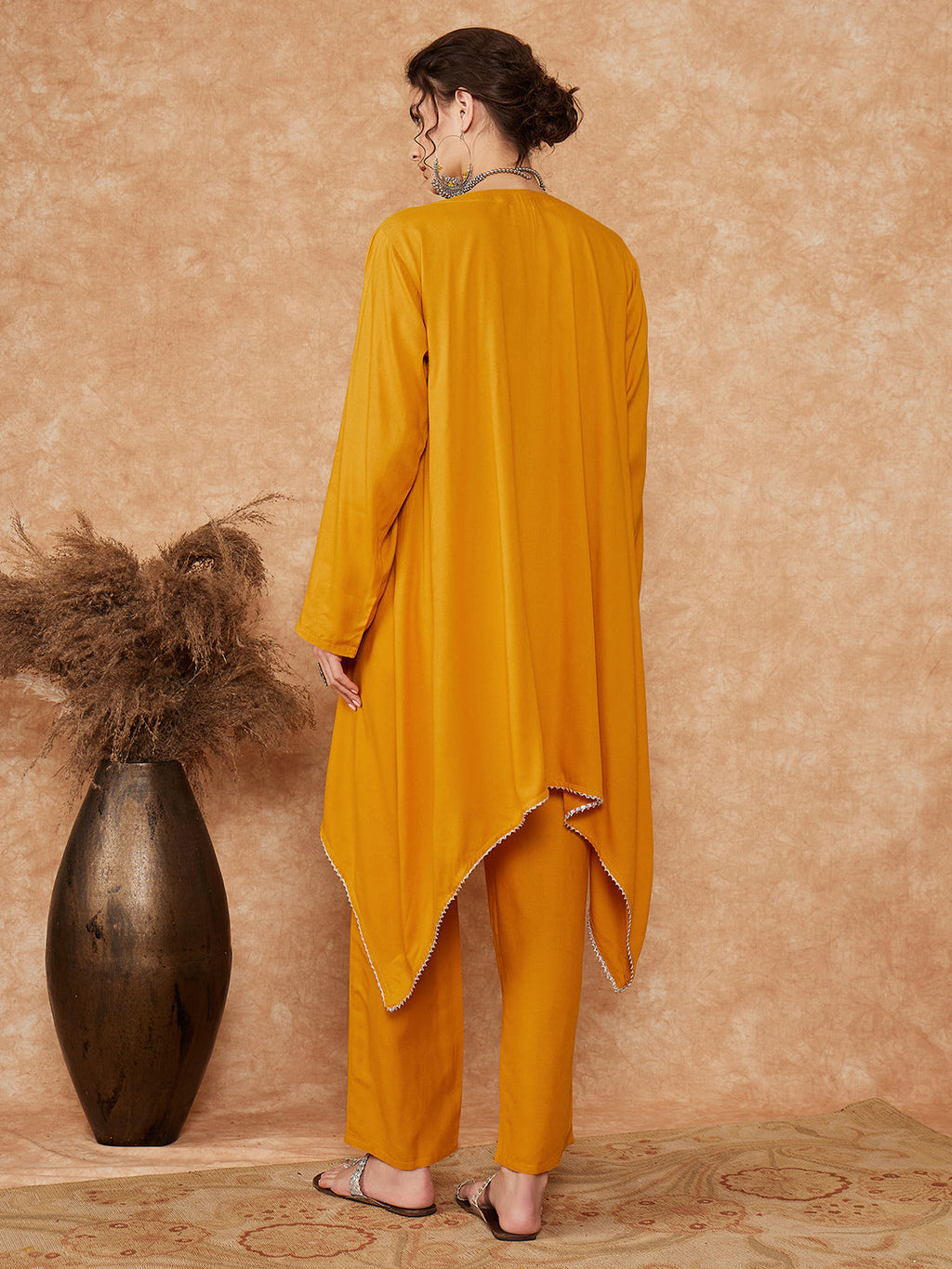InWeave Women's Mustard Trangle Yellow Patch Work Assymentrical Kurta Set