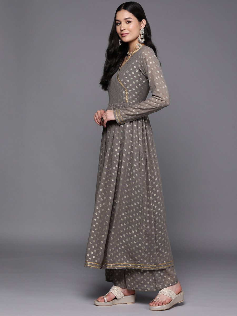 Ahalyaa Women Grey Floral Empire Kurta with Palazzos