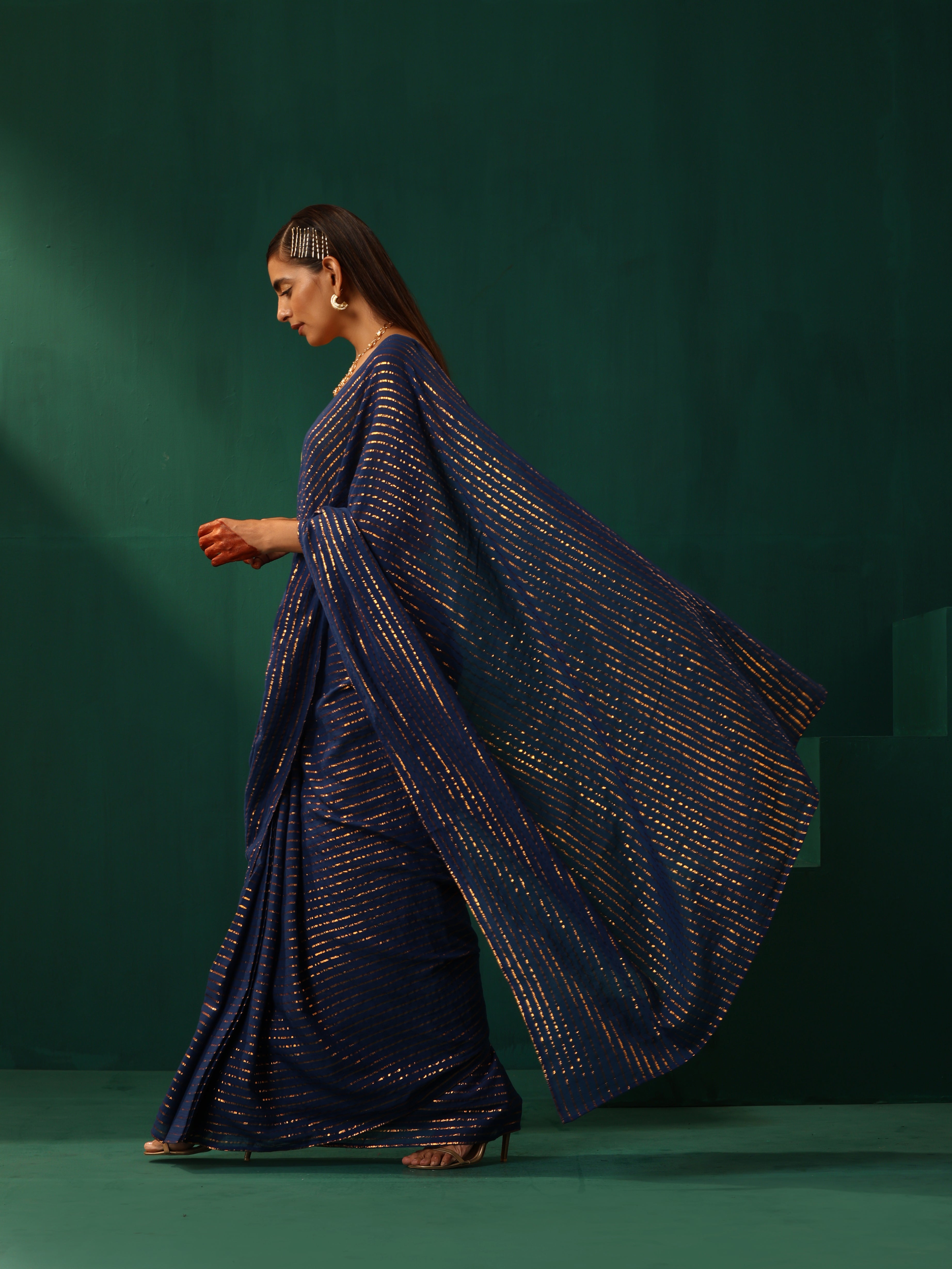 trueBrowns Royal Blue Cotton Gold Lurex Striped Ready to Wear Saree