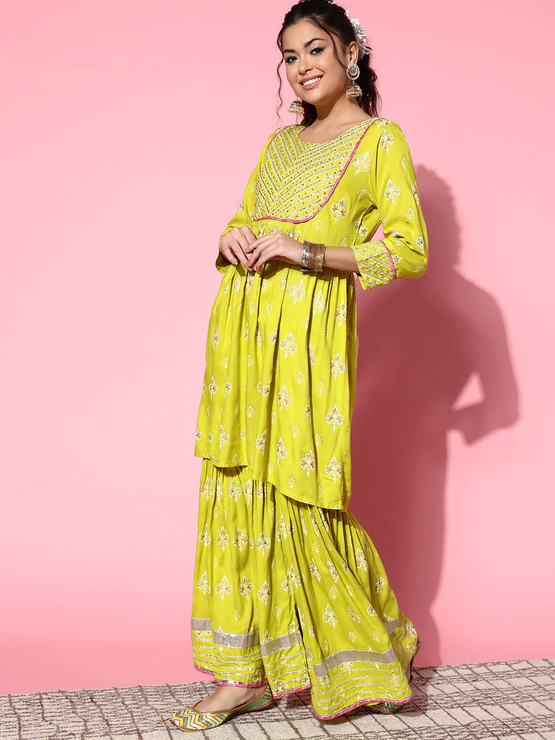 InWeave Women's Light Green Gota Work Kurta Sharara Set