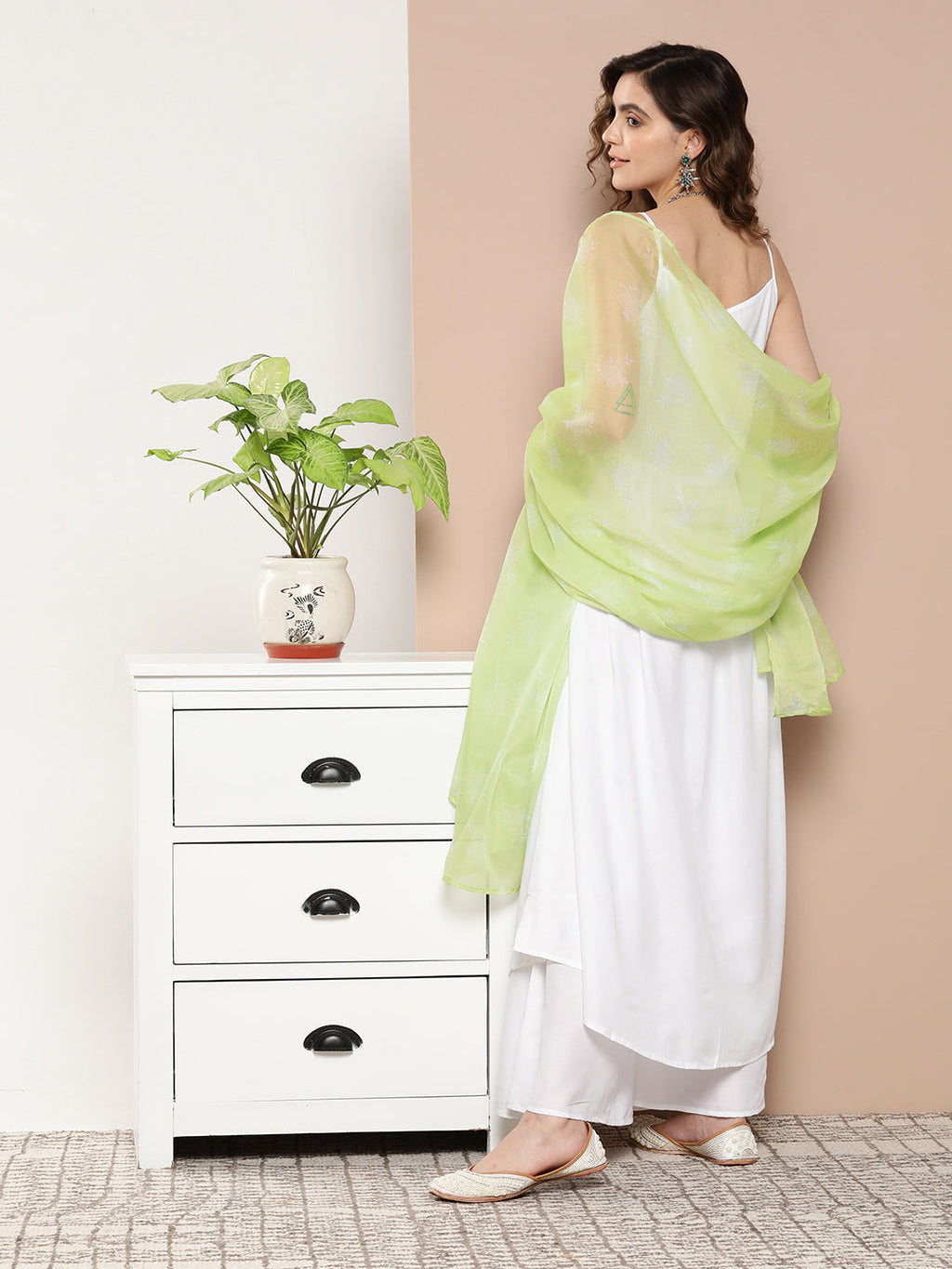InWeave Women's Cream Strappy With Green White Chintz Organza Dupatta