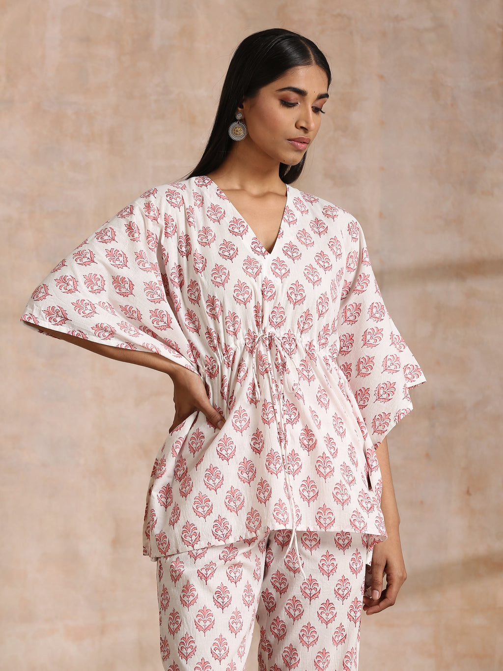 trueBrowns Pink Buta On White Block Print Cotton Kaftan Co-Ord Set