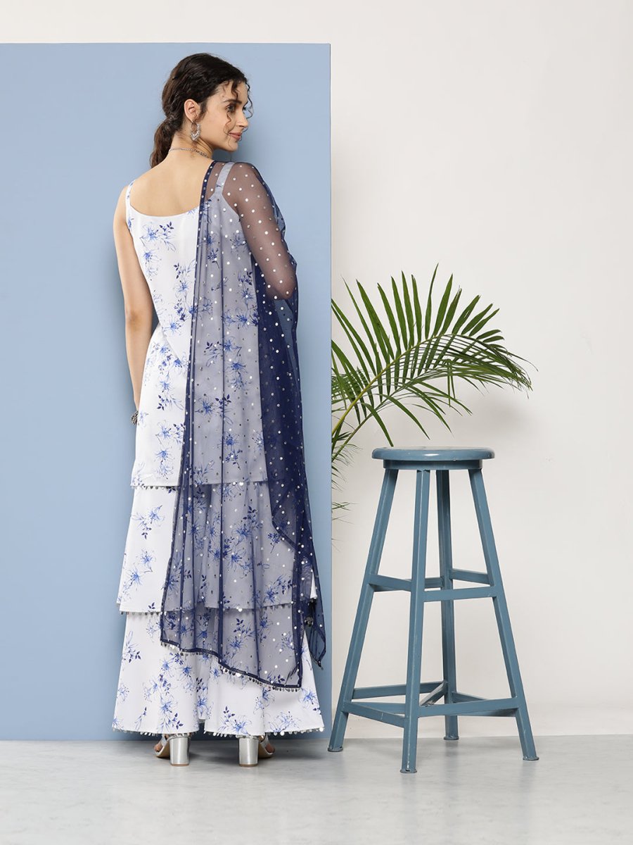 Ahalyaa Women White Floral Printed Sequinned Kurta with Sharara & With Dupatta