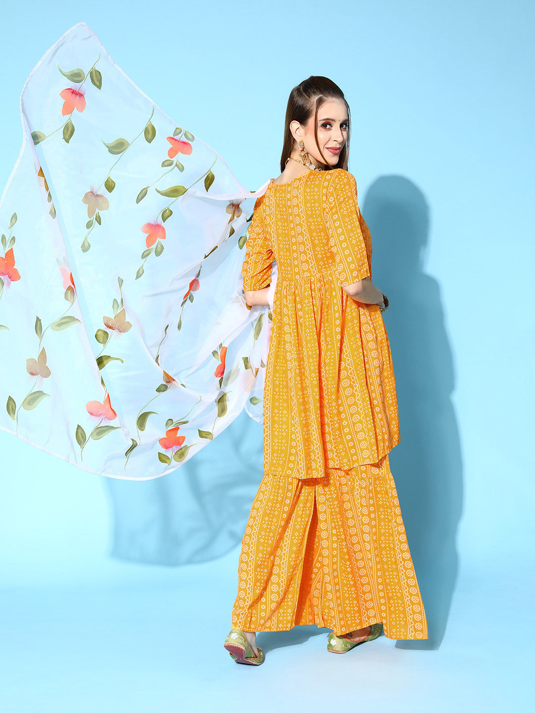 InWeave Women's Yellow Bandhani Sharara Set With Dupatta
