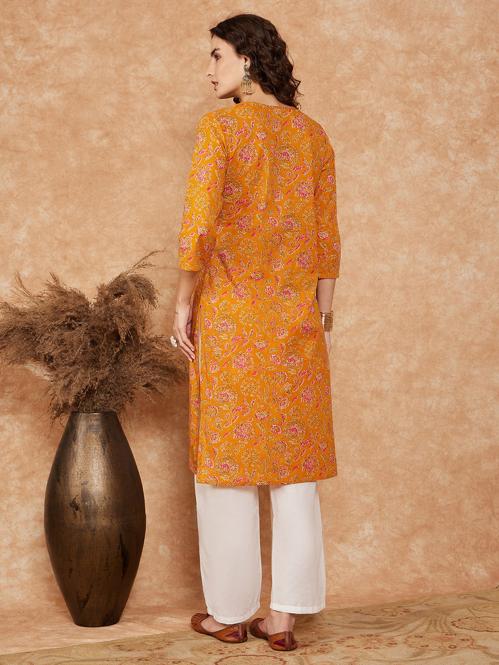 InWeave Women's Fire Yellow Print V Neck Lace Work Straight Kurta