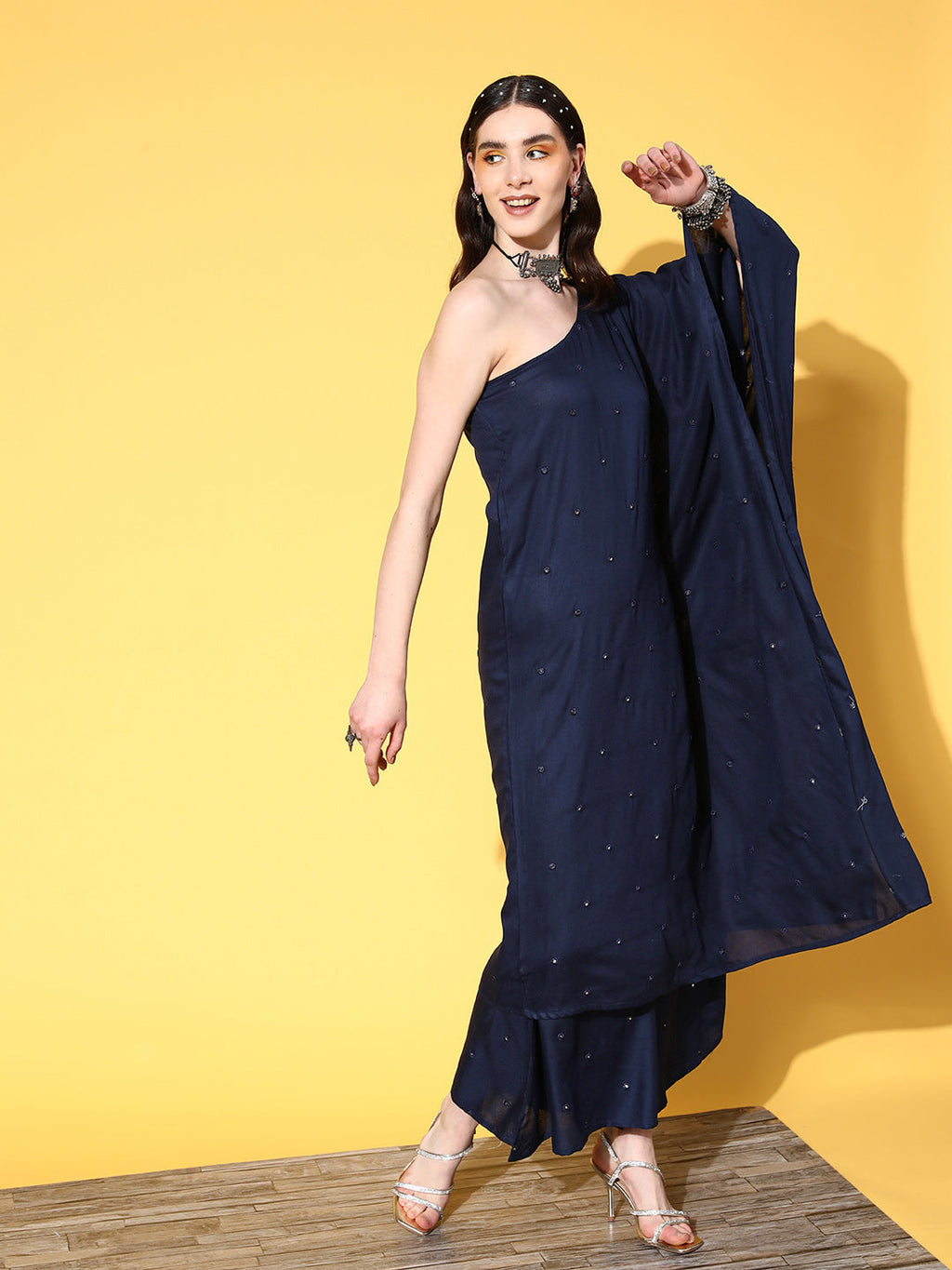 InWeave Women's Navy Mirror Work One Shoulder Kurta Set