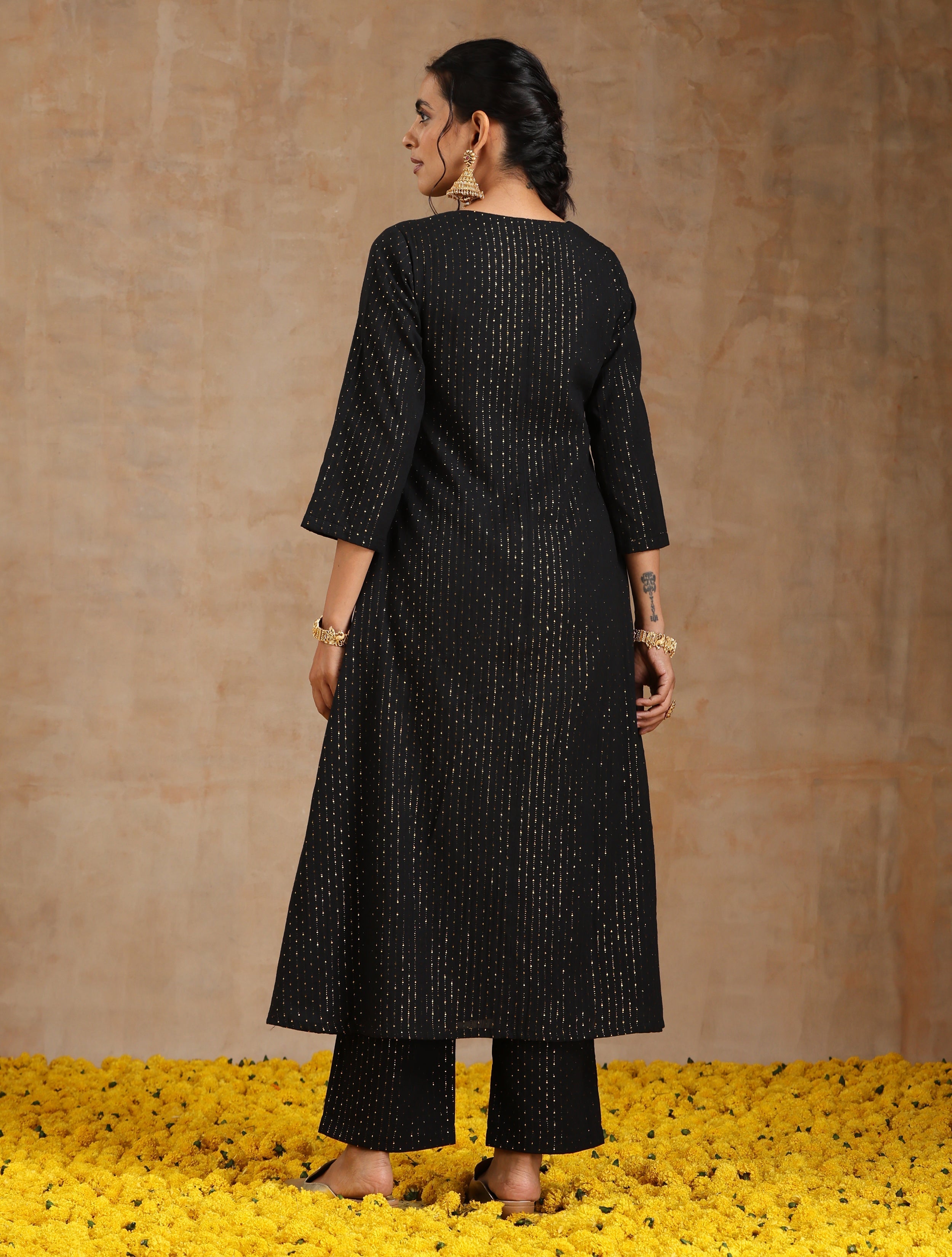 trueBrowns Black Gold Cotton Angrakha Kurta Set