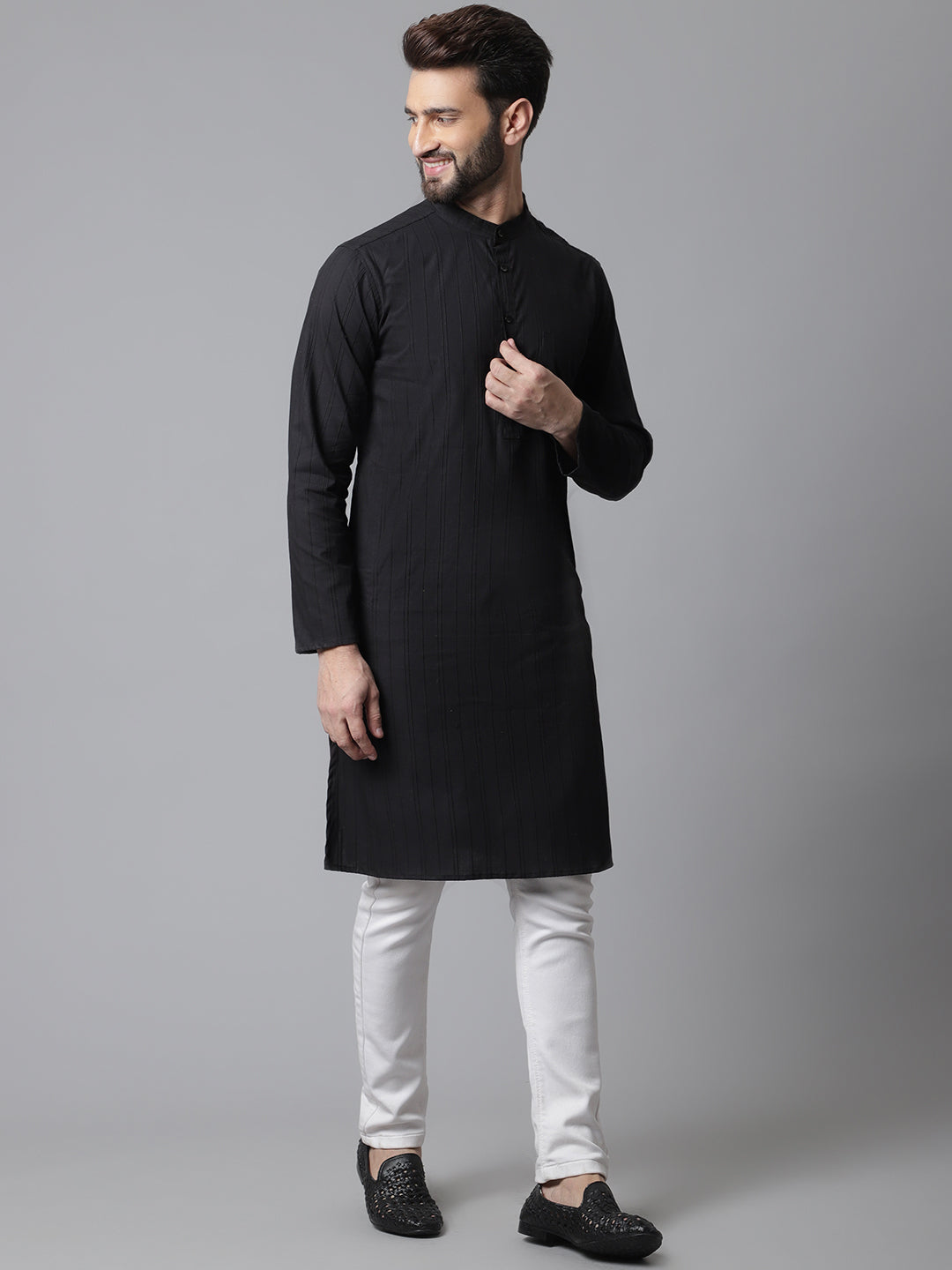 Even Apparels Black Striped Kurta With Band Collar