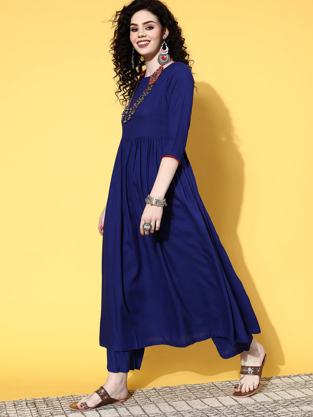 InWeave Women's Ink Blue Long Anarkali Kurta Set With Red Rose Organza Dupatta