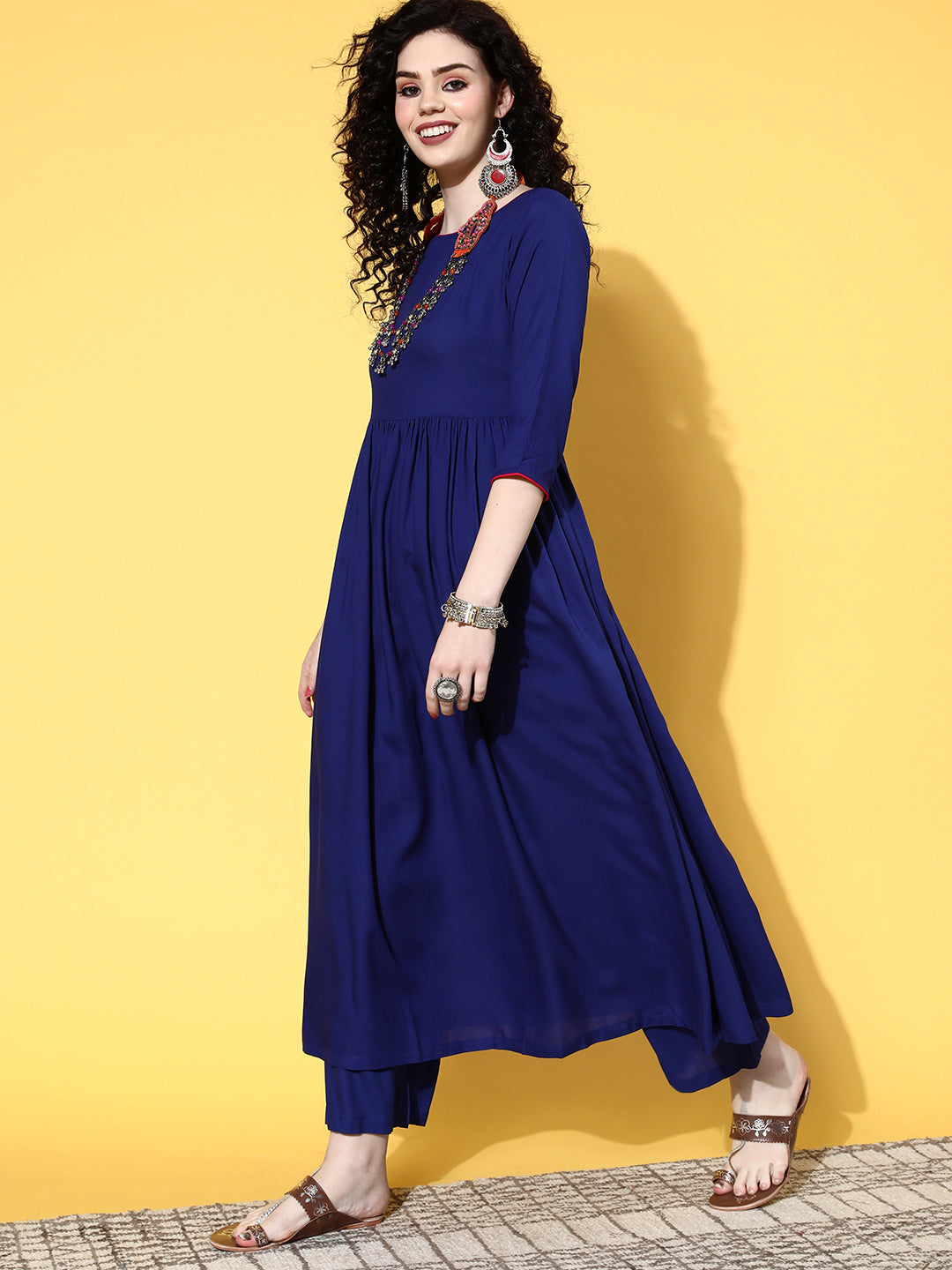 InWeave Women's Ink Blue Long Anarkali Kurta Set With Red Rose Organza Dupatta