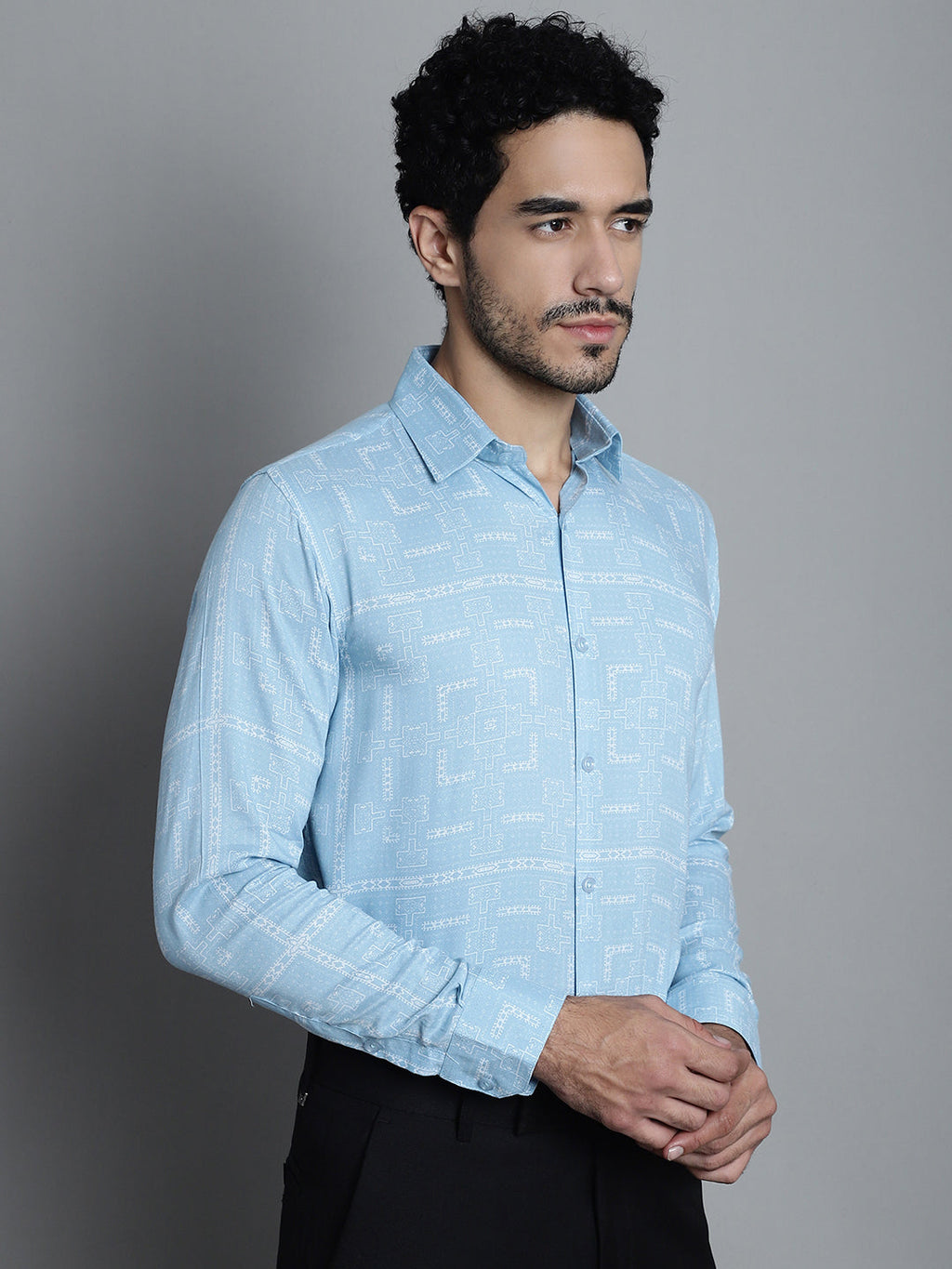 Jainish Men's Geomatric Printed Formal Shirts - Sky Blue
