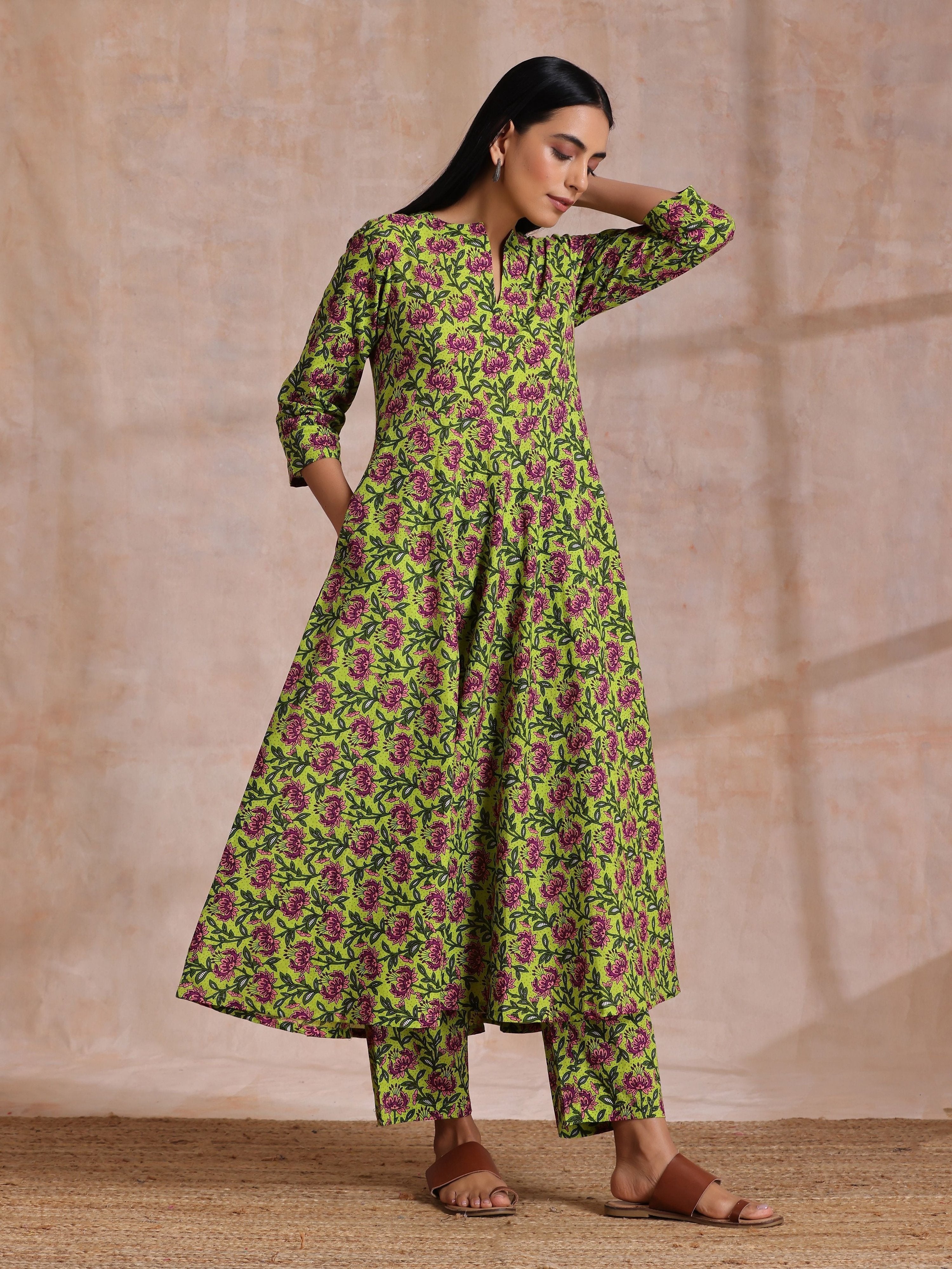 trueBrowns Lime Green Overall Pink Floral Block Print Cotton Flared Kurta Pant Set
