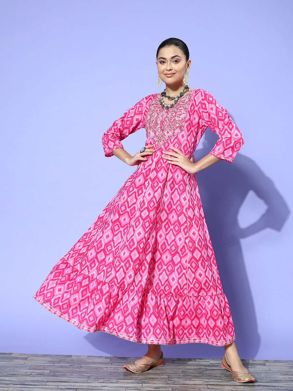 InWeave Women's Abstract Pink Print Long Dress With Work